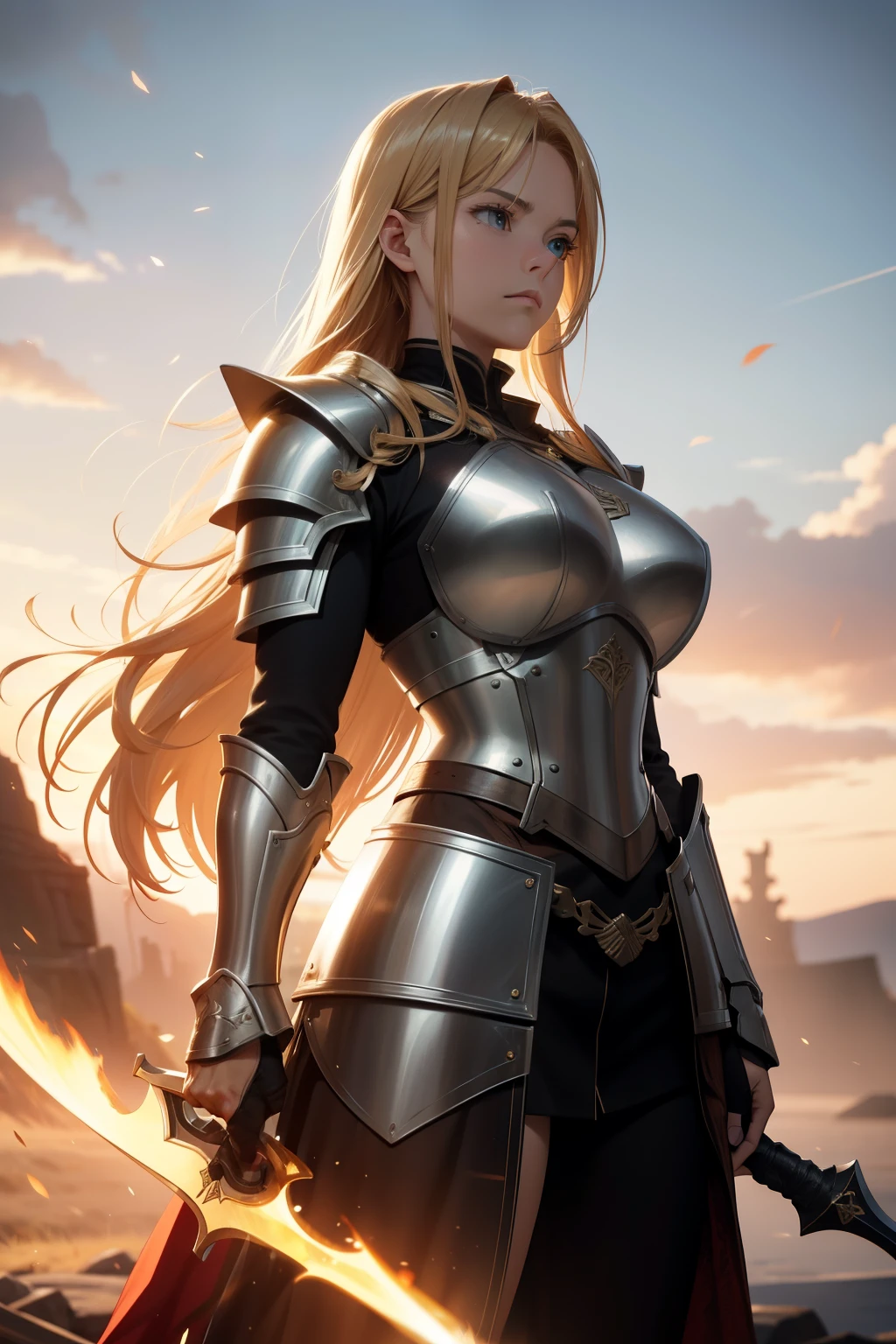 masterpiece, top quality, 4K,
proudly standing,
AMBERFIELD, Albion Online title: "Shieldmaiden", icon: shield and sword,
full-tier armor: polished steel plates, intricately designed,
holding a gigantic shield, its surface etched with runes,
sunlight reflecting off her armor, illuminating her determined face,
long golden hair cascading down her back,
strong and muscular build,
confident and unwavering gaze.