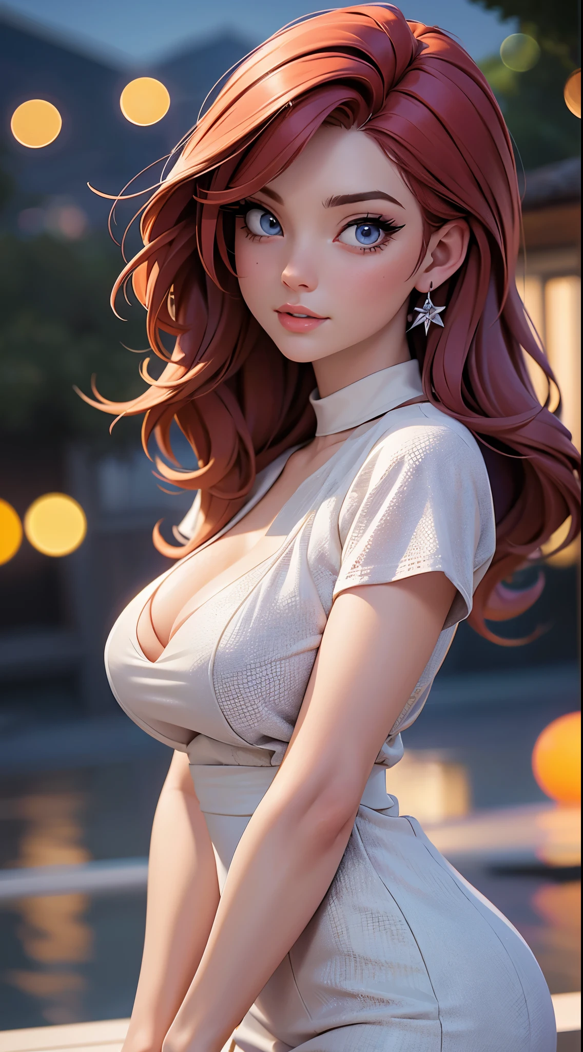 white woman,red hair,beautiful detailed eyes,beautiful detailed lips,extremely detailed eyes and face,longeyelashes,21 years old year old,gray elegant dress,big breast,big ass,full body,garden in the night,background garden in the night,best quality,4k,8k,highres,masterpiece:1.2,ultra-detailed,realistic,photo-realistic:1.37,HDR,UHD,studio lighting,ultra-fine painting,sharp focus,physically-based rendering,extreme detail description,professional,vivid colors,bokeh,portraits,landscape