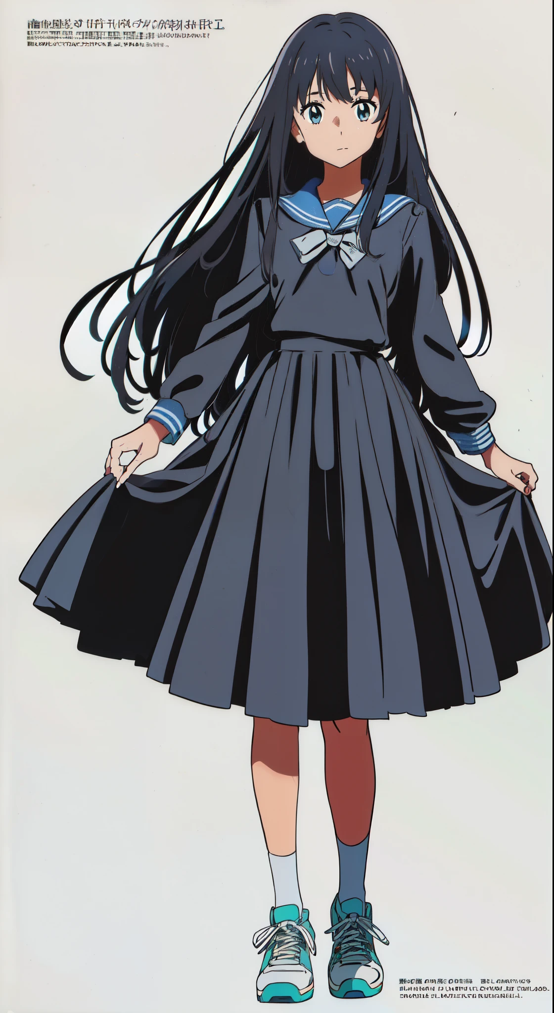 (best quality:1.0), (a 15yo cute girl:1.0), (white background:1.0), (best quality:1.0), (masterpiece:1.0), (super fine illustration:1.0), (beautiful artwork:1.0), (anime screencap:1.0), (official art:1.0), (full body:1.0), (solo:1.0), (a 15yo cute girl:1.0), (long skirt:1.0), (dark blue skirt:1.0), (pleated skirt:1.0), (dark blue sailor uniform:1.0), (long sleeve sailor uniform:1.0), (sneakers:1.0), (white socks:1.0), (ideal ratio body proportions:1.0), (lanky:1.0), (tall:1.0), (slender:1.0), (small breasts:1.0), (smaller face:1.0), (tareme:1.0), (detailed beautiful eyes:1.0), (detailed beautiful face:1.0), (glowing black eyes:1.0), (medium hair:1.0), (black hair:1.0), (standing:1.0), (looking at viewer:1.0)
