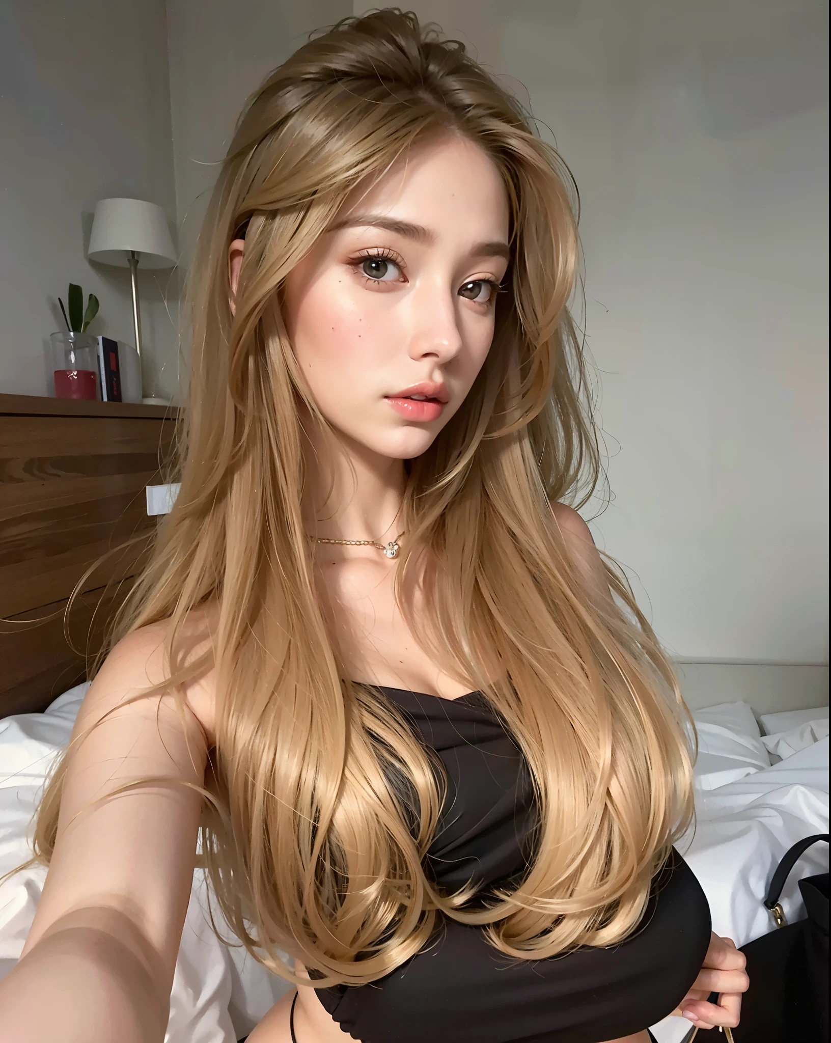 blonde woman in black bra posing on bed with bag, com longos cabelos loiros, with pale skin, com cabelo comprido, cabelo longo loiro escuro, cabelos longos loiros escuros, pale and glowing skin, natural soft pale skin, longos cabelos loiros e olhos grandes, 2 modelo feminino de 4 anos, pele macia e dourada, soft and flawless pale skin, Bela Delfina