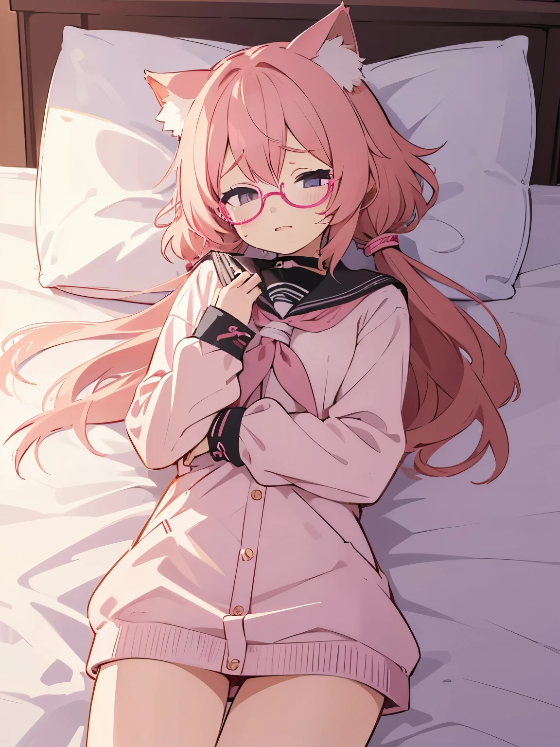 (best quality,ultra-detailed),cute anime girl, in bed, crying, pink fluffy coat, sailor suit, shirt dkirt, pink hair, round glasses, exposed body,cat ears,missionary POV, bondage, ropes,