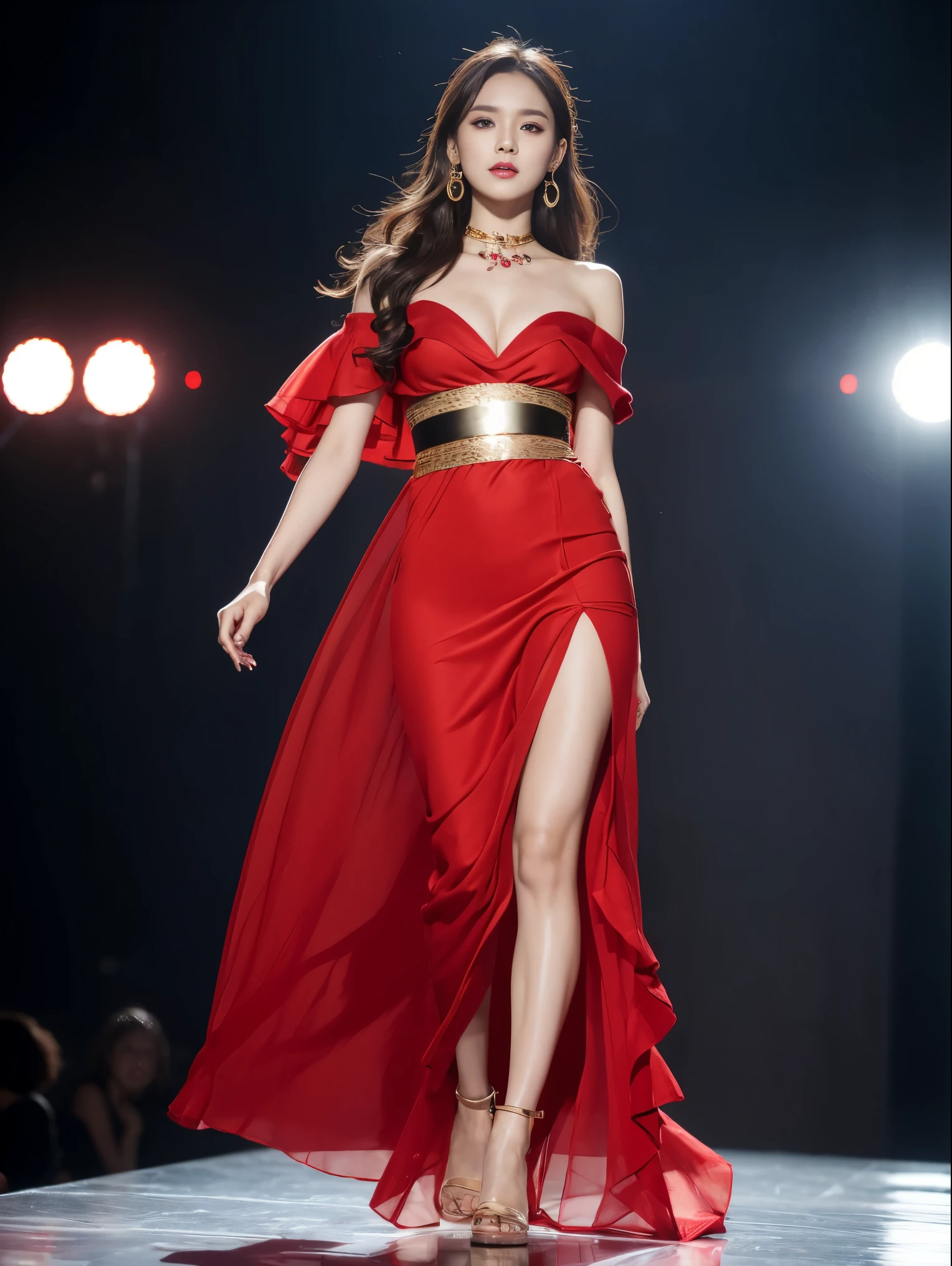 (Best quality, 8k, 32k, Masterpiece, UHD:1.2),Photo of Pretty chinese woman, 1girl, (medium-long dark brown hair), double eyelid, fashion model, beautiful legs, contemporary cut,unique maxi very wet light red dress with slit, off-shoulder, gold belt, choker, stand tall, runway, huge stage, chinese Collection, nsfw, full body, see through,,see-through_blouses,breast_pasty, realistic fingers, very defined finger and nails