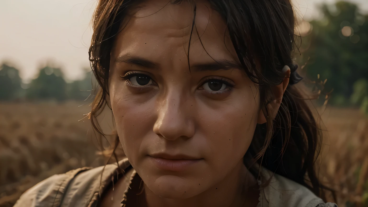 otima qualidade, hiper-realista, close-up of a simple peasant, muito cansado, dirty appearance, olhando para o espectador, imagem de fundo um campo desfocado, cinematographic, 8k