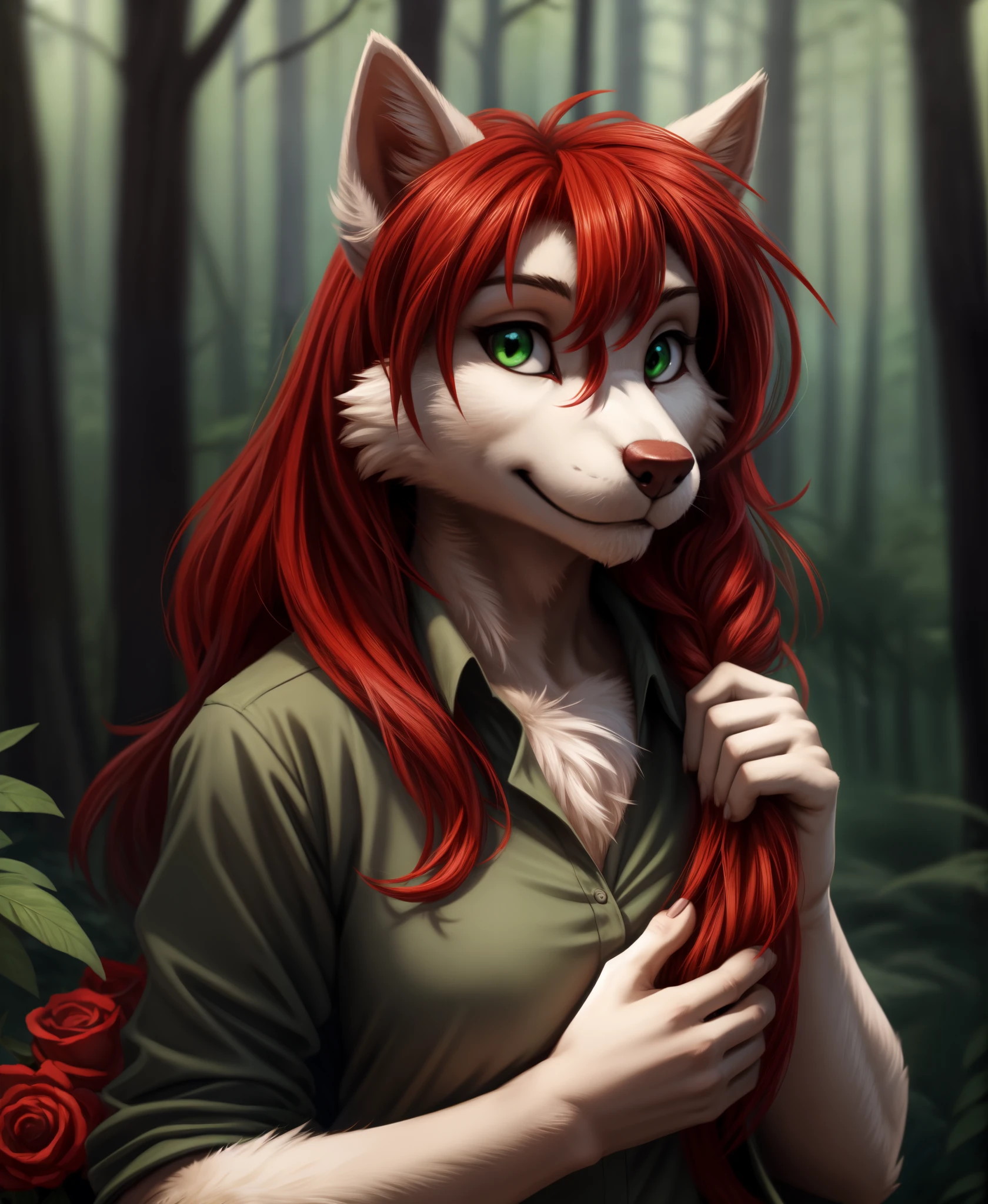 by kenket, by totesfleisch8, (by thebigslick, by silverfox5213:0.8), (by syuro:0.2),, rose-twokinds, twokinds, (best quality, masterpiece:1), solo, furry female anthro, green eyes, long hair, Red hair, portrait, finger claws, looking at viewer, wolf tail, (outdoors dark forest trees blurry blurred background:1.1), green clothes