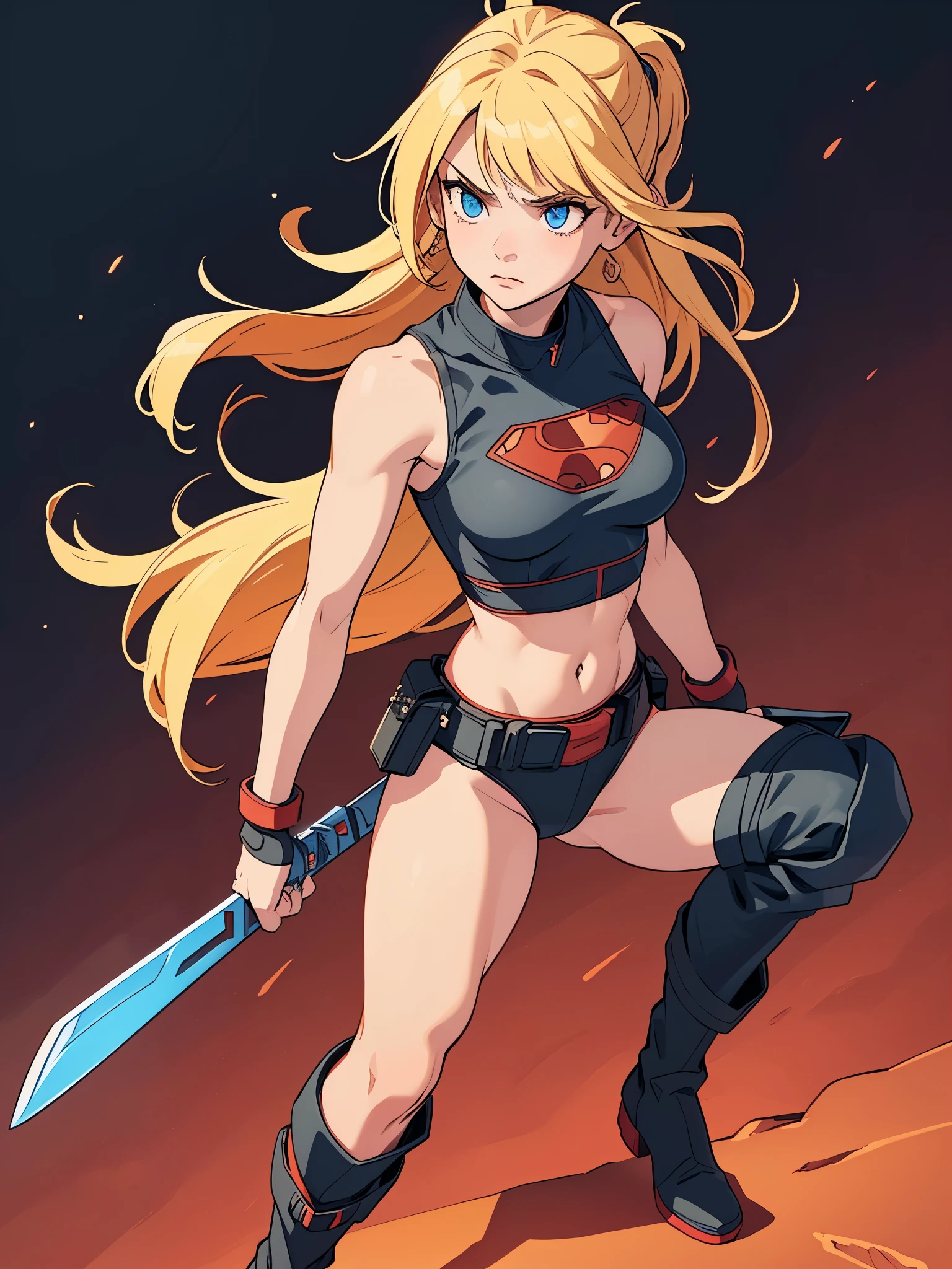 1girl, medium breasts, leotard, black leotard with red accents, sleeveless, midriff, bare legs, boots, matching boots, bracelets, mars backdrop, solo, single, standing, full body shot, cowboy shot, beautiful detailed eyes, blonde hair, medium hair, blue eyes, superhero, barbarian, using broad sword in hand