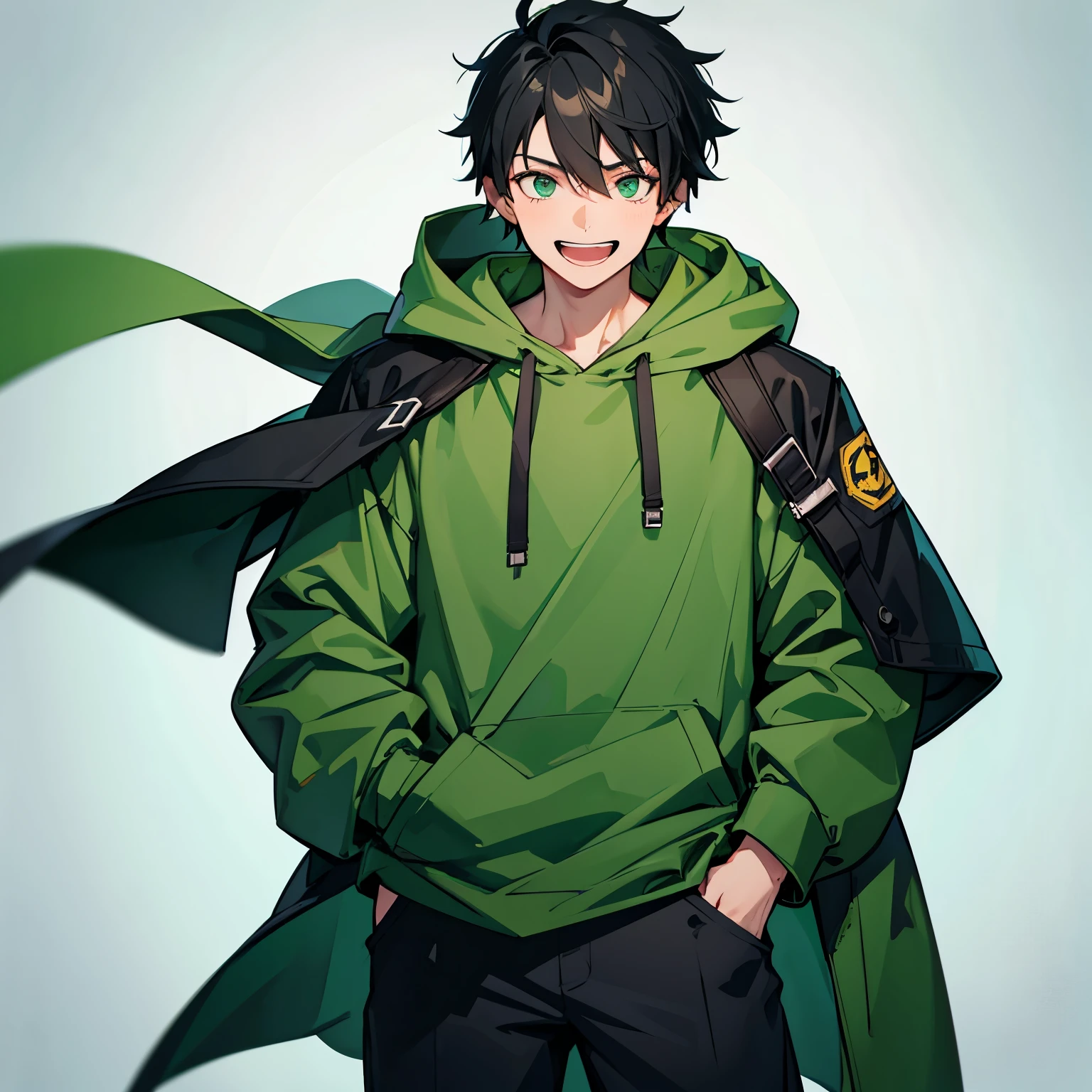 male, green clothes, wearing a hood, black hair, facing forward, no background, hands in pocket, shoot from front, laughing