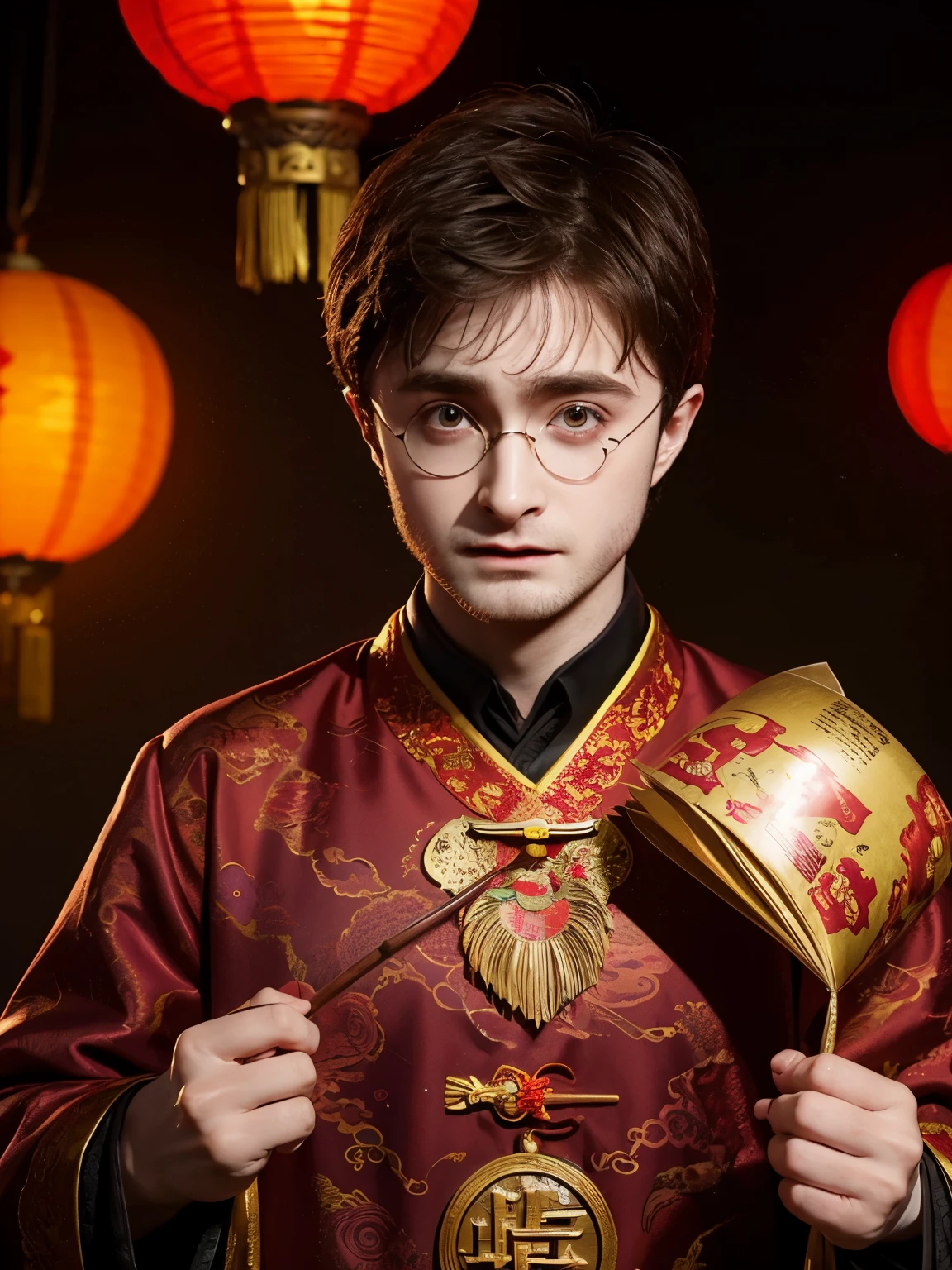 Daniel Radcliffe as Harry Potter,lol,Chinese lantern,The background is a Chinese dragon,Cheerful,Exquisite,meticulous portrait