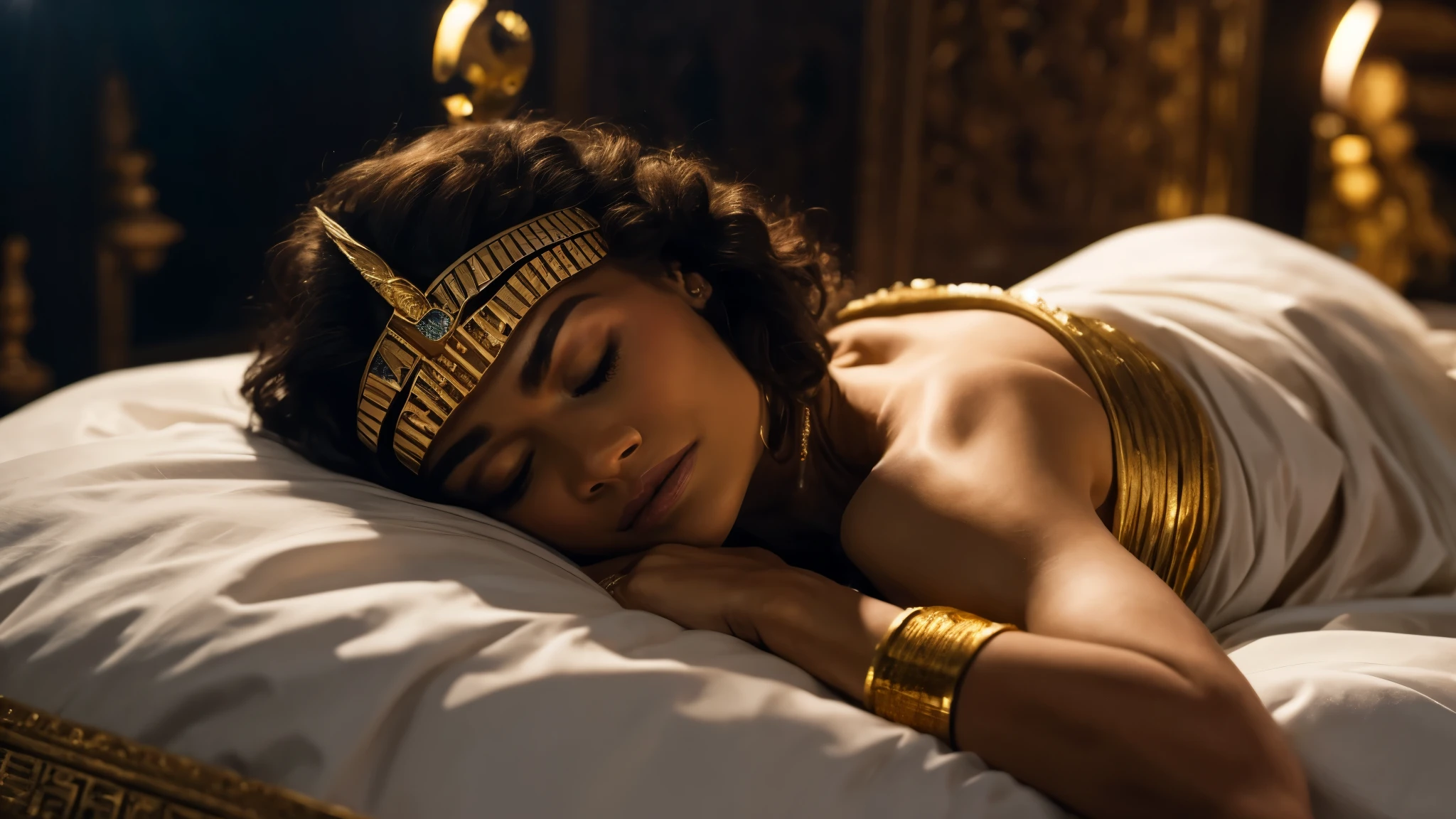 zendaya portrayed as Cleopatra,wearing a light white dress, lying with her eyes closed on her large Egyptian bed made of gold,, night time phothotorealistic scene, dramatic, cinematic, 4k resolution, hyperdetailed, dramatic scene,