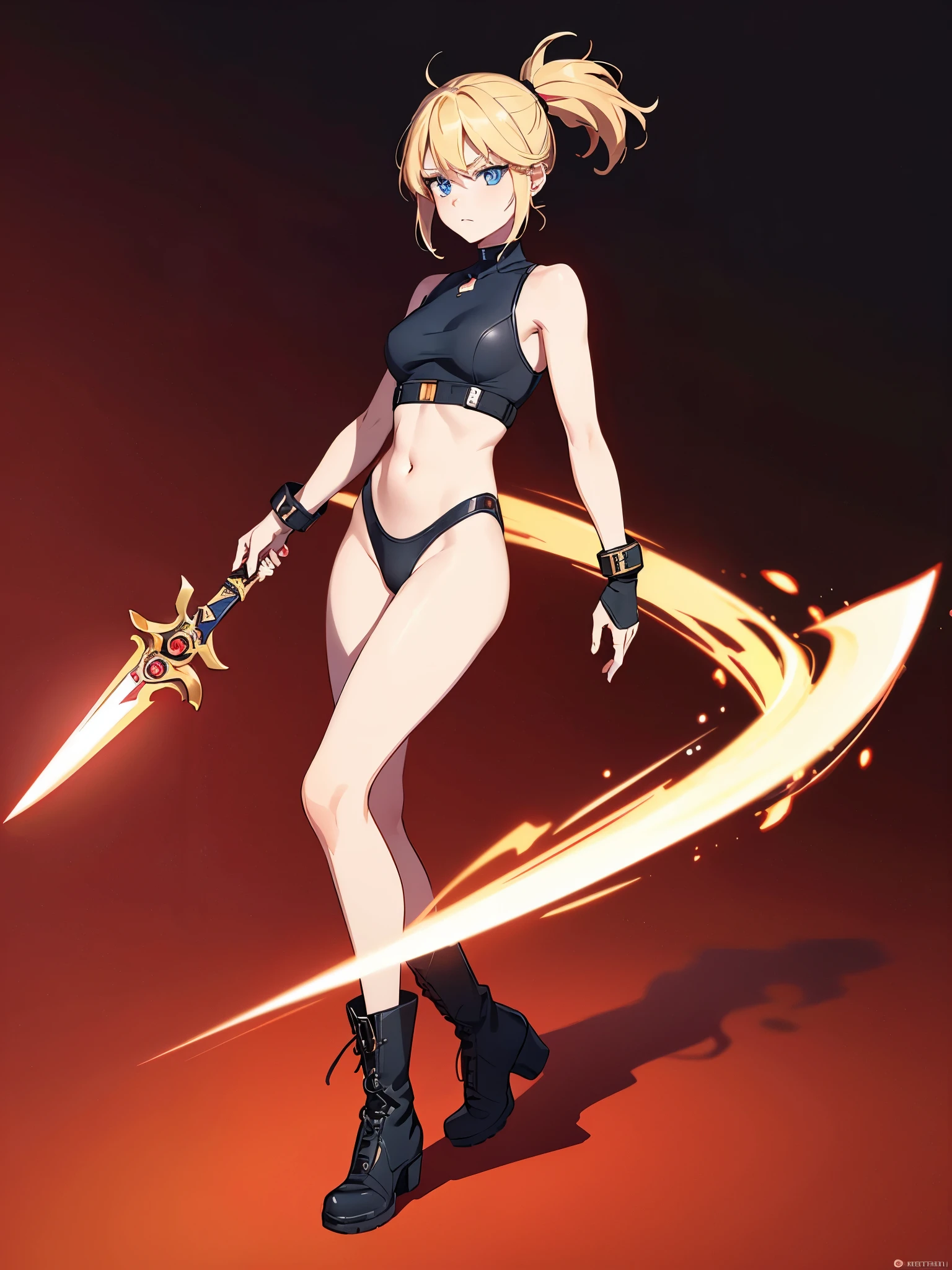1girl, medium breasts, leotard, black leotard with red accents, sleeveless, midriff, bare legs, boots, matching boots, bracelets, mars backdrop, solo, single, standing, full body shot, cowboy shot, beautiful detailed eyes, blonde hair, medium hair, blue eyes, superhero, barbarian, using broad sword in hand
