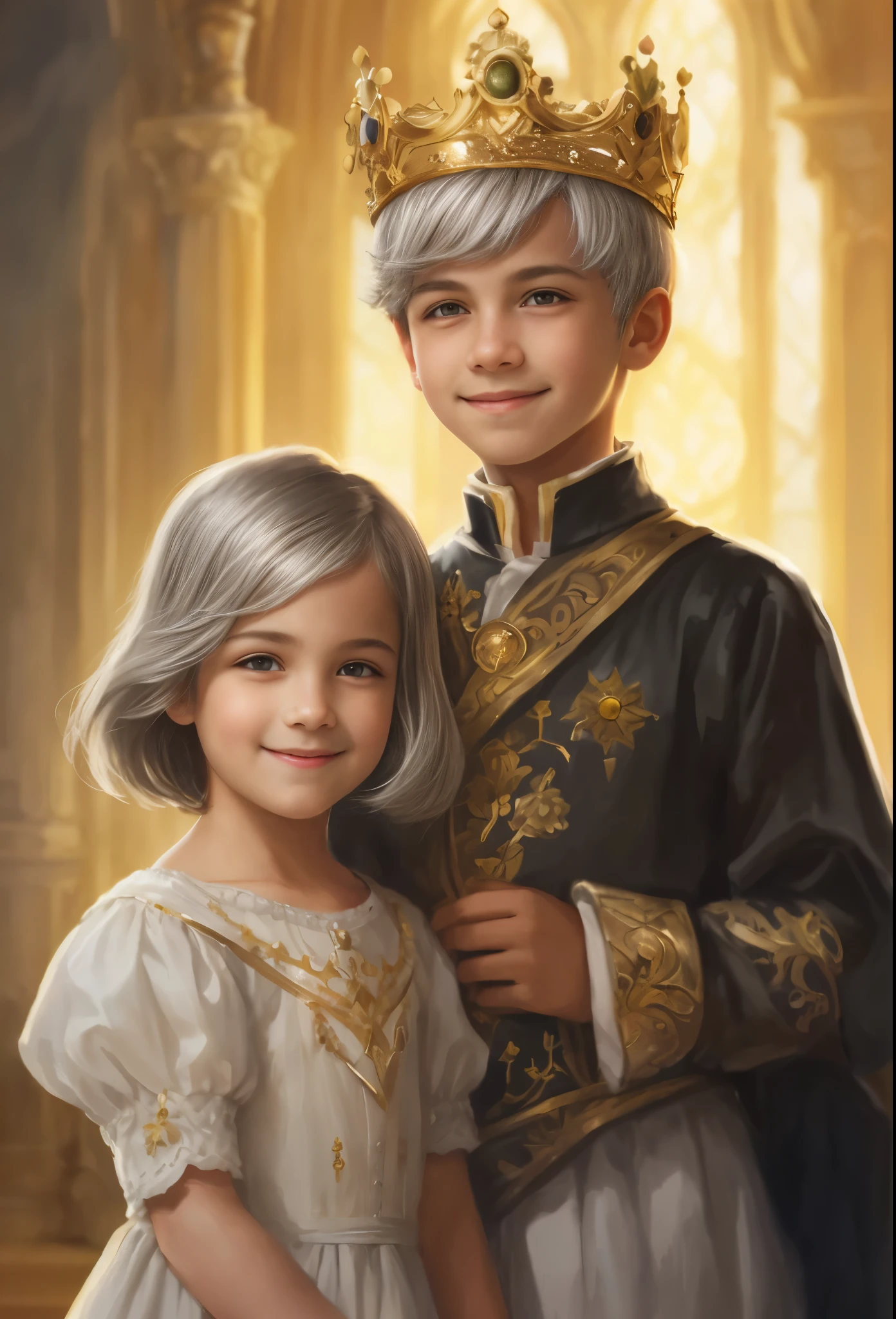 High resolution, portrait, boy and girl with dark hair, 8 years old, light gray hair, short haircut, yellow eyes, smile, crown, portrait, ballroom in the background, realism, fantasy