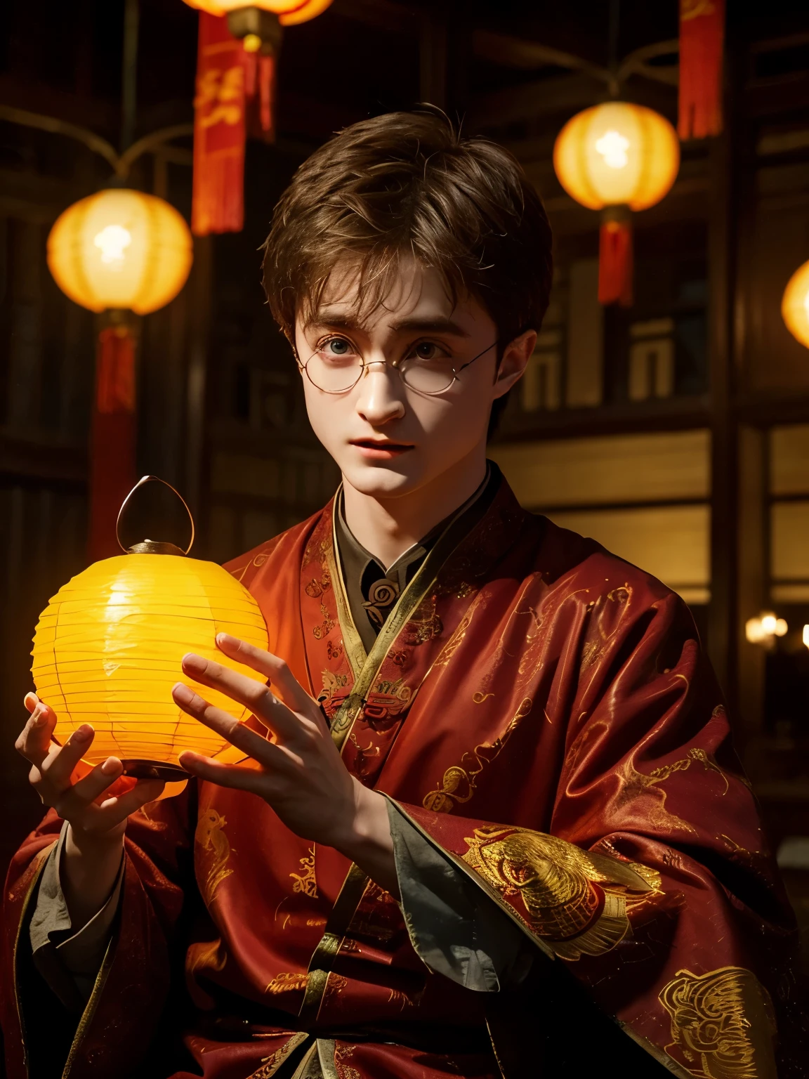 Daniel Radcliffe as Harry Potter,Chinese lantern,The background is a Chinese dragon,grace,Exquisite,meticulous portrait