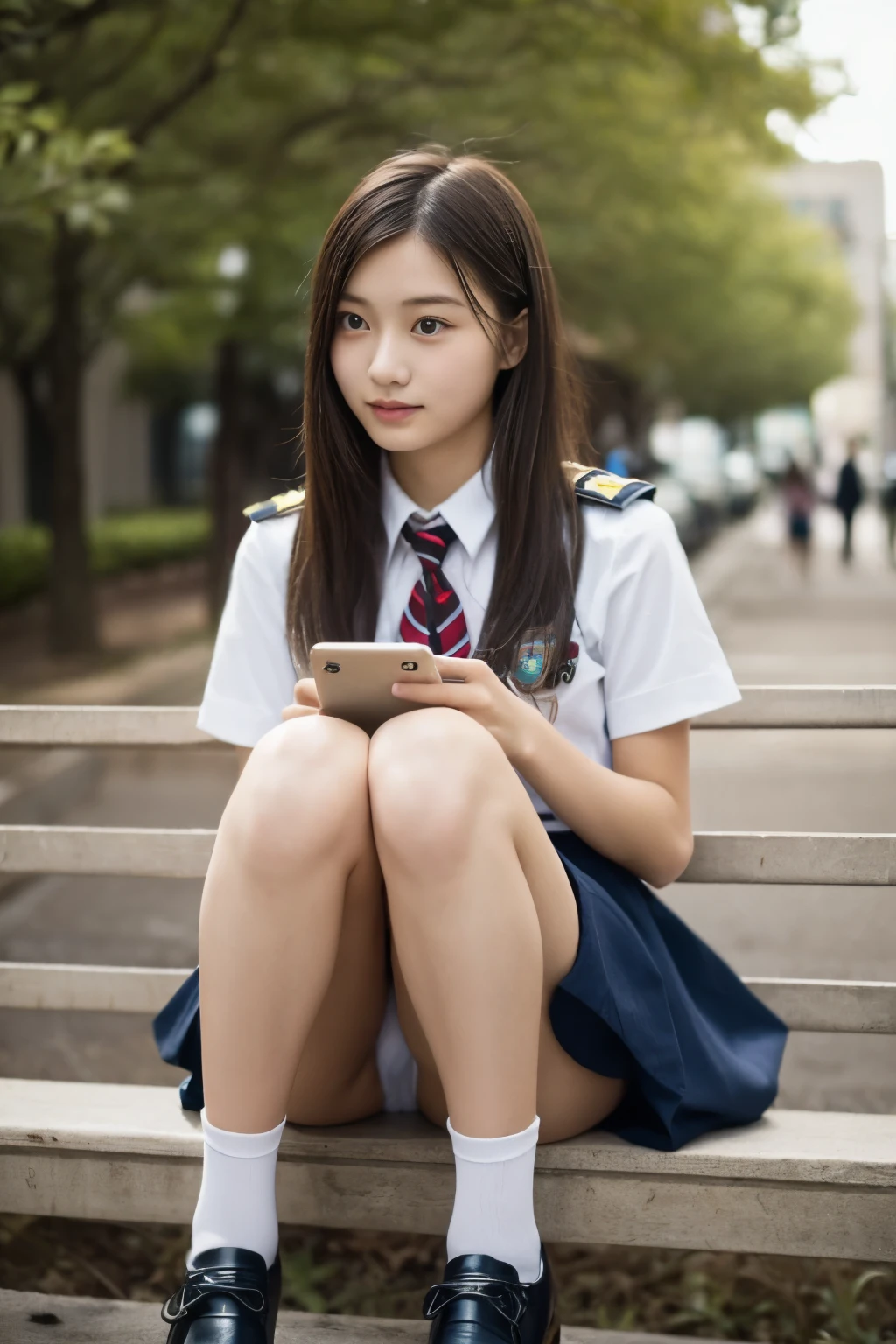 (High school girl in uniform、panties)、cute japanese woman、、young girl、In town、sit on a bench、Looking at your phone、not looking here、Shot from a distance