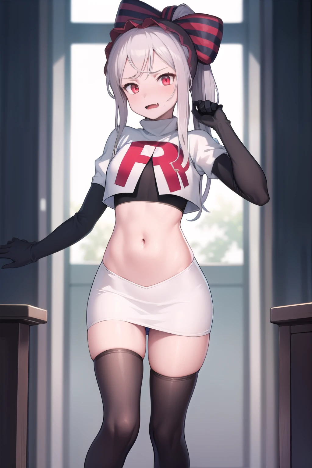 masterpiece, best quality, ShalltearV4, 1girl, solo, bow, hair bow, fang, pale skin, glowing, glowing eyes, team rocket,team rocket uniform,white skirt,red letter R,crop top,black thigh-highs,black elbow gloves