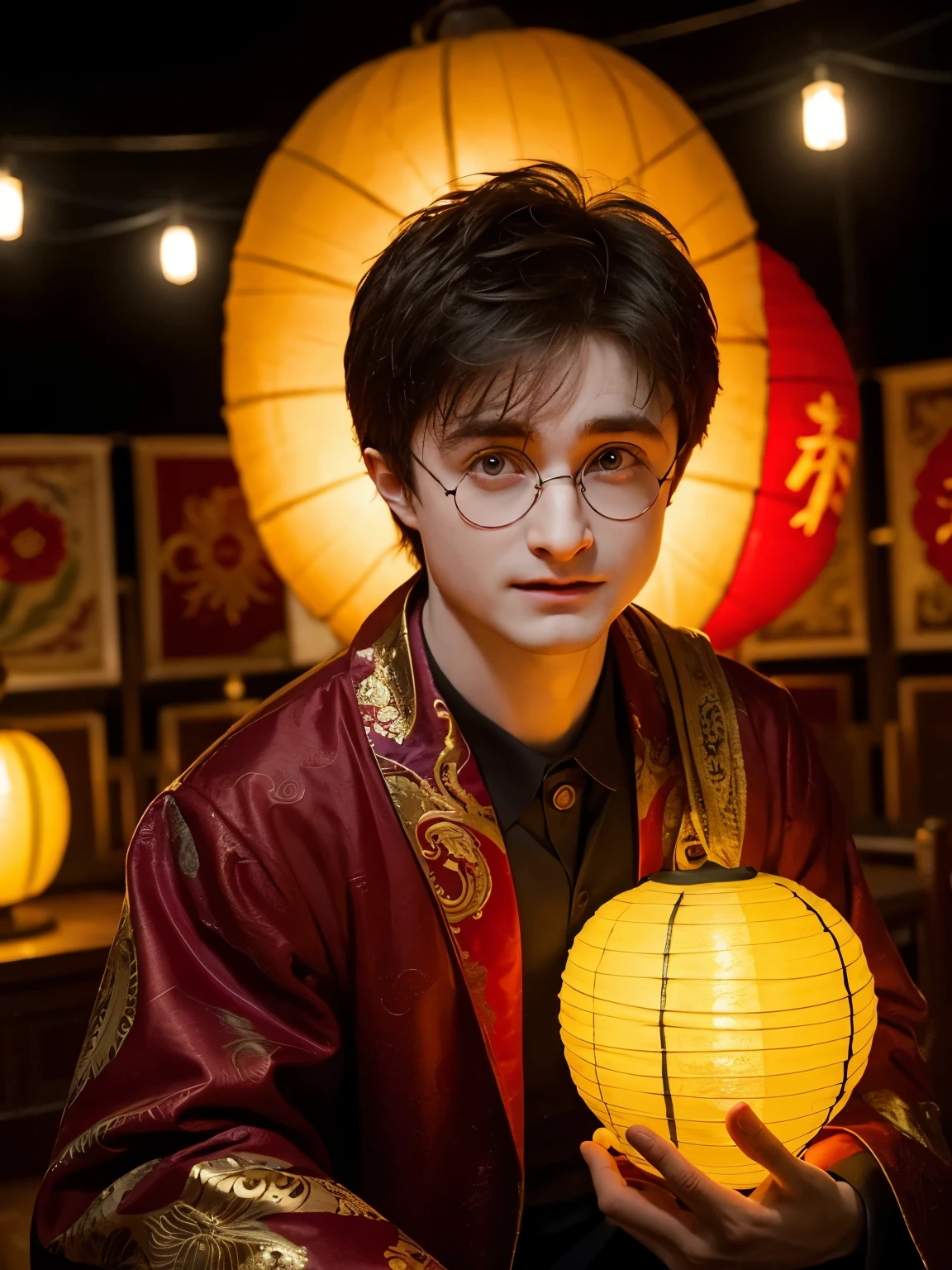 Daniel Radcliffe as Harry Potter，lol，Chinese lantern，The background is a Chinese dragon，Cheerful，Exquisite，meticulous portrait