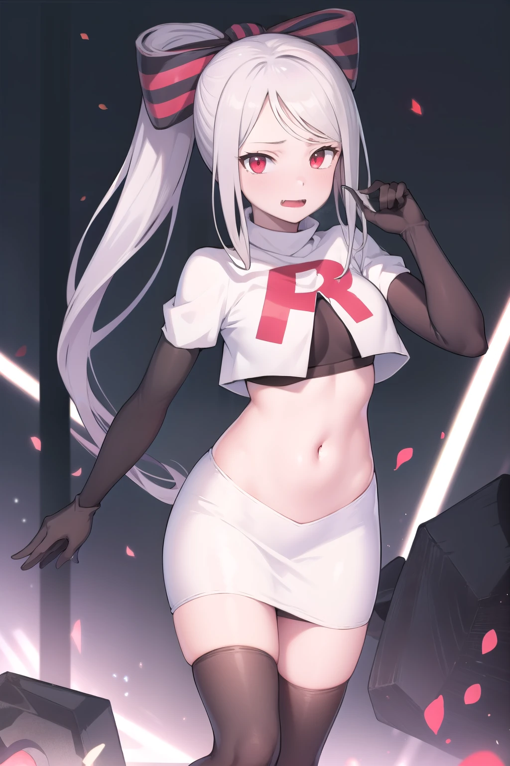 masterpiece, best quality, ShalltearV4, 1girl, solo, bow, hair bow, fang, pale skin, glowing, glowing eyes, team rocket,team rocket uniform,white skirt,red letter R,crop top,black thigh-highs,black elbow gloves