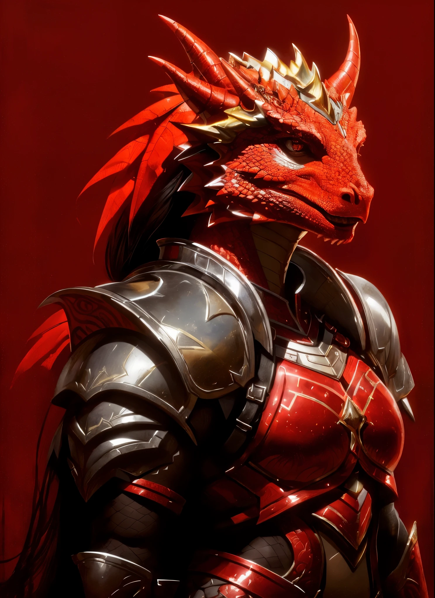 Dragonborn de escamas vermelha, Female, chifres, Sozinho, escalas, armaduras cinzas, cauda, shoulder armaduras, bengalas, retrato, boca fechada, fundo preto
, ((obra de arte, melhor qualidade)), arte de Greg Rutkowski