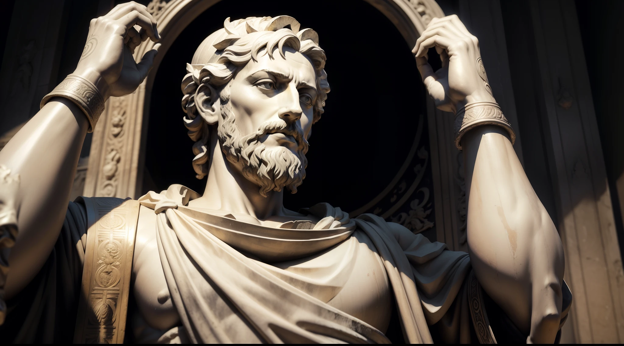Realistic statue with all black background of ancient philosopher MARCUS AURELIUS GRATITUDE, obra-prima, melhor qualidade, Textura 8K, altamente detalhados, realista, soft Cinematic Light, HDR, sharp focus, obra-prima, fotorrealista, fotografia premiada, Canon EOS R5, 35 mm.