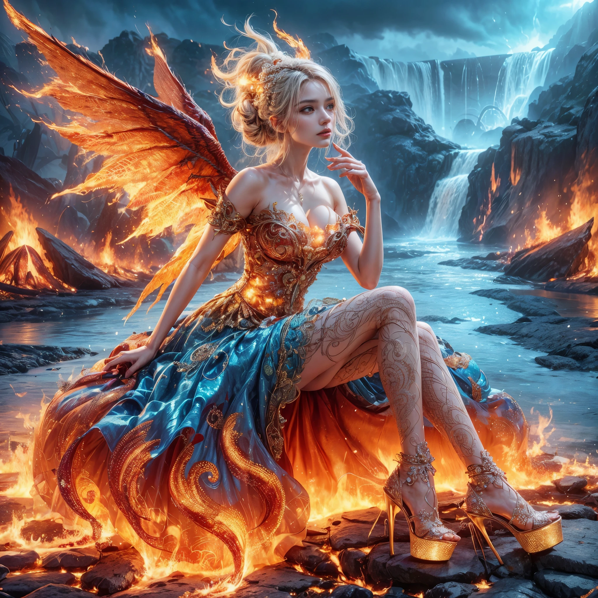 arafed woman with gigantic breast in a colorful
Tight fire lightning steel dress in front of a building, wearing an ornate outfit, ornate dress, intricate dress, elegant lightning fire dress, ornate and elegant, extravagant dress, inspired by Hedi Xandt, ornate attire, intricate outfit, ornate royal gown, ornate clothing, ornate gown, intricate and elegant, intricate detailed dress, ornate , high heels, royal dress, detailed hand, detailed finger, Fire in the body, Fire on the dress, Fire element, Fire wings, Transparent clothing, masterpiece, best quality:1.2),,(8k,highres,RAW photo,realistic,photo-realistic:1.3),(detailed skin texture,detailed cloth texture,detailed flame texture, beautiful detailed face:1.25),professional lighting,photon mapping,beautiful soft light,radiosity,physically-based rendering,raytracing, model shoot style, model shoot style, (extremely detailed CG unity 8k wallpaper), full shot body photo of the most beautiful artwork in the world, (NSFW), (Nude), (Naked), (Nipple)