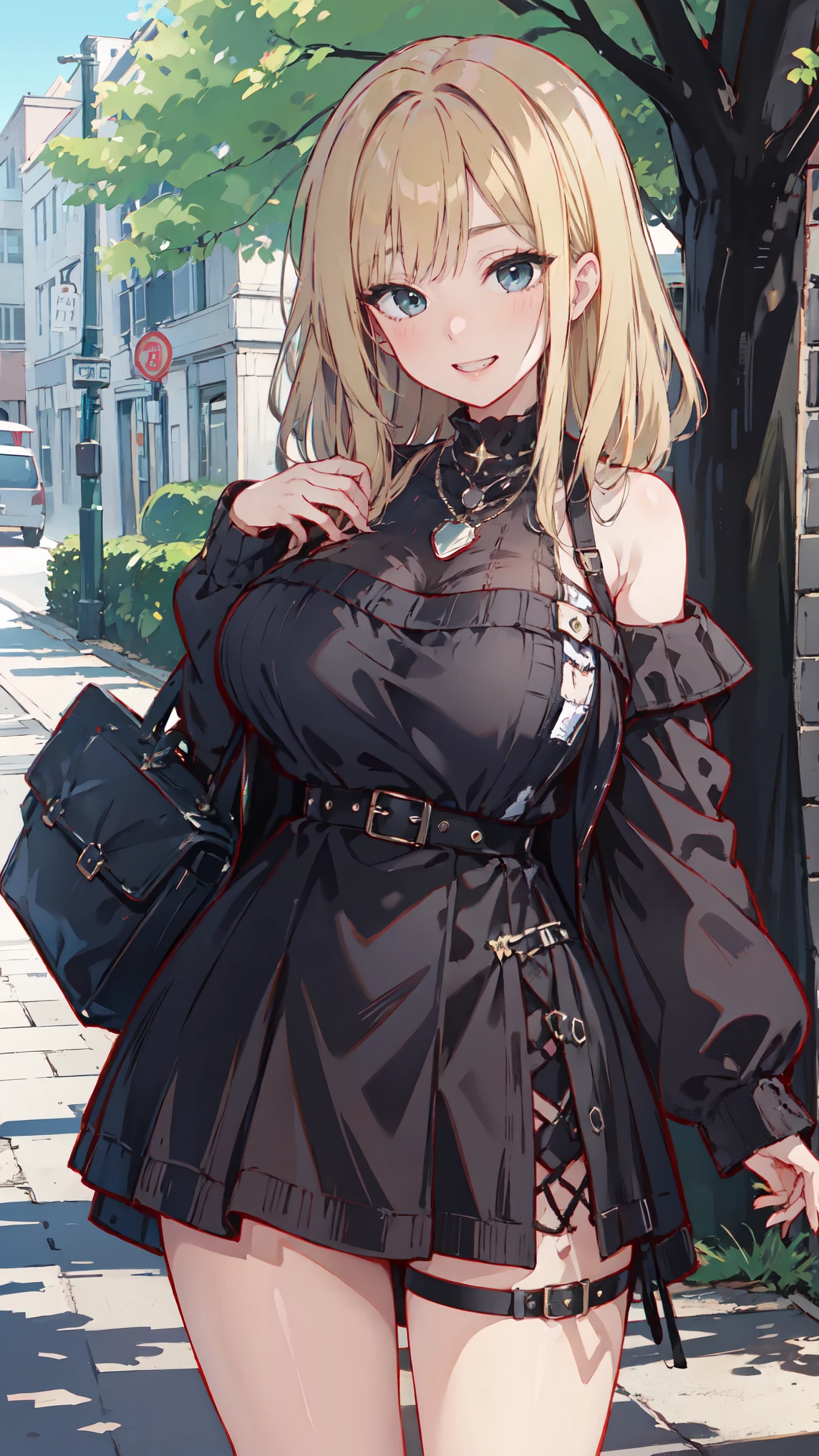 sagging breasts,mature female,huge breasts, gigantic breasts, (((face focus))),solo,grin, blonde hair,(((balayage hair))),black hair,bag,Sweater dress, tree lined street,cowboy shot,off shoulder,gyaru,makeup,