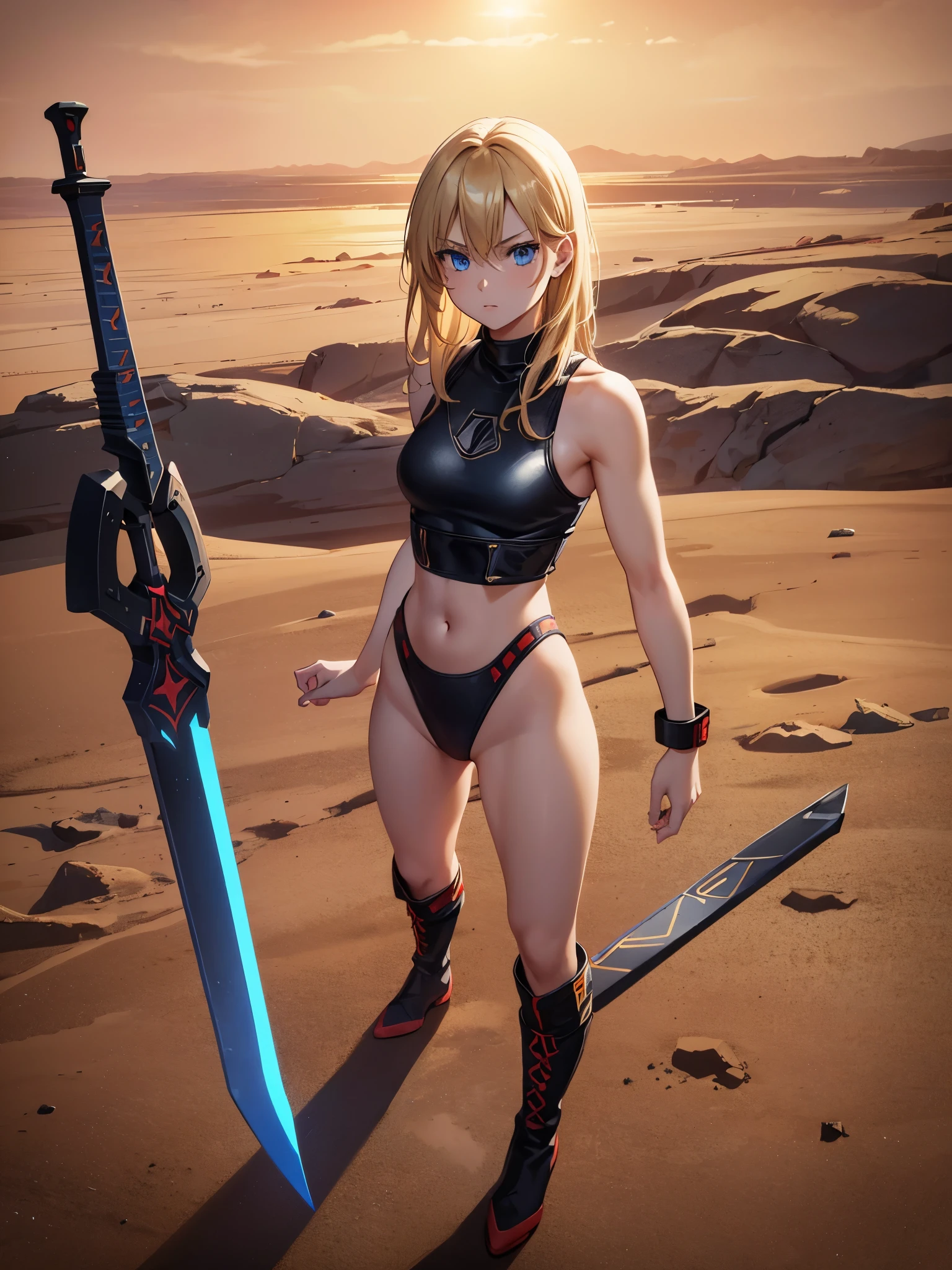 1girl, medium breasts, leotard, black leotard with red accents, sleeveless, midriff, bare legs, boots, matching boots, bracelets, mars backdrop, solo, single, standing, full body shot, cowboy shot, beautiful detailed eyes, blonde hair, medium hair, blue eyes, superhero, barbarian, using broad sword in hand