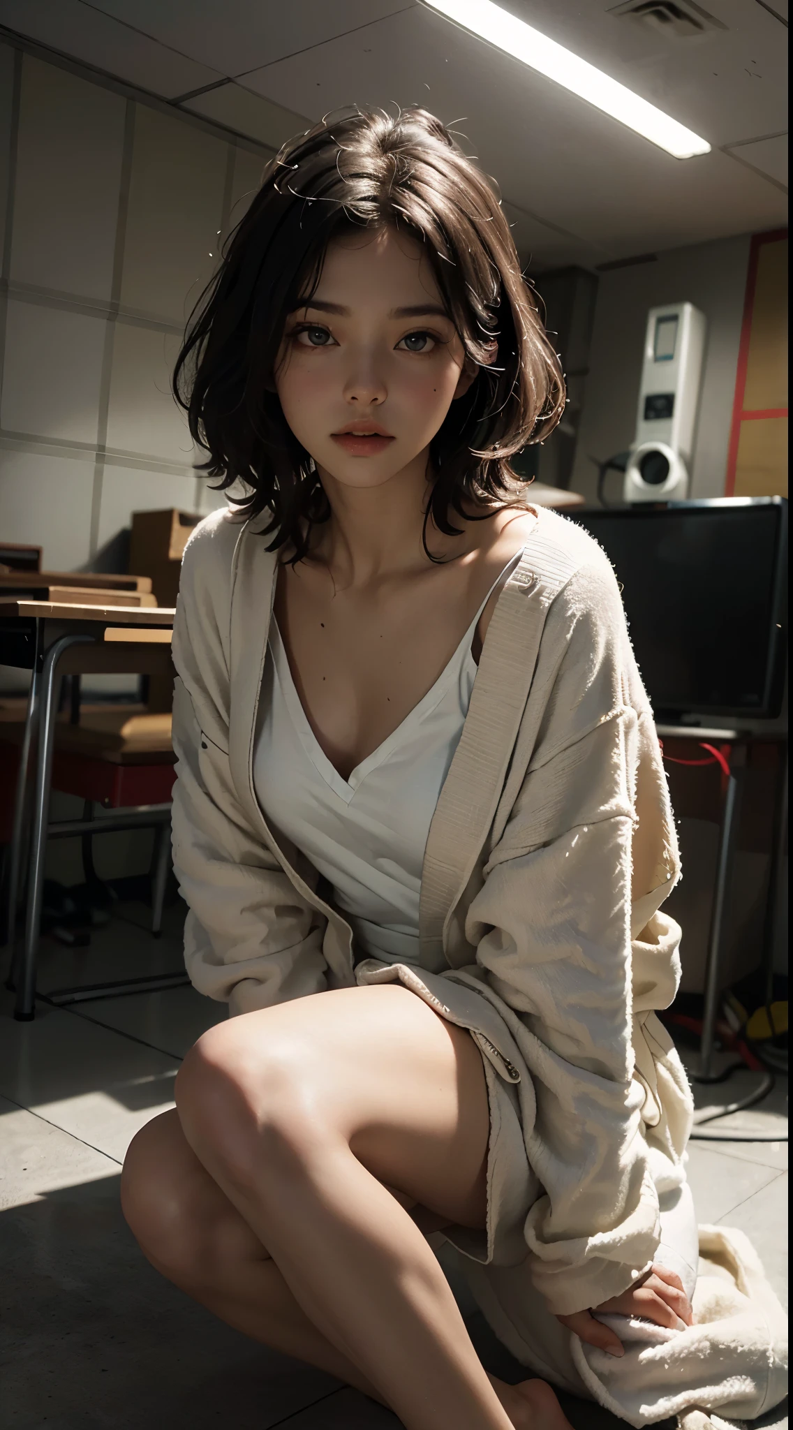 Mejor calidad, obra maestra, ultra high resolution, (fotorrealista:1.4), foto cruda, 1 chica, fuera del hombro, bathrobe, cinematic lighting, crawling, escuela, .js, elementary escuela, Ojos grandes