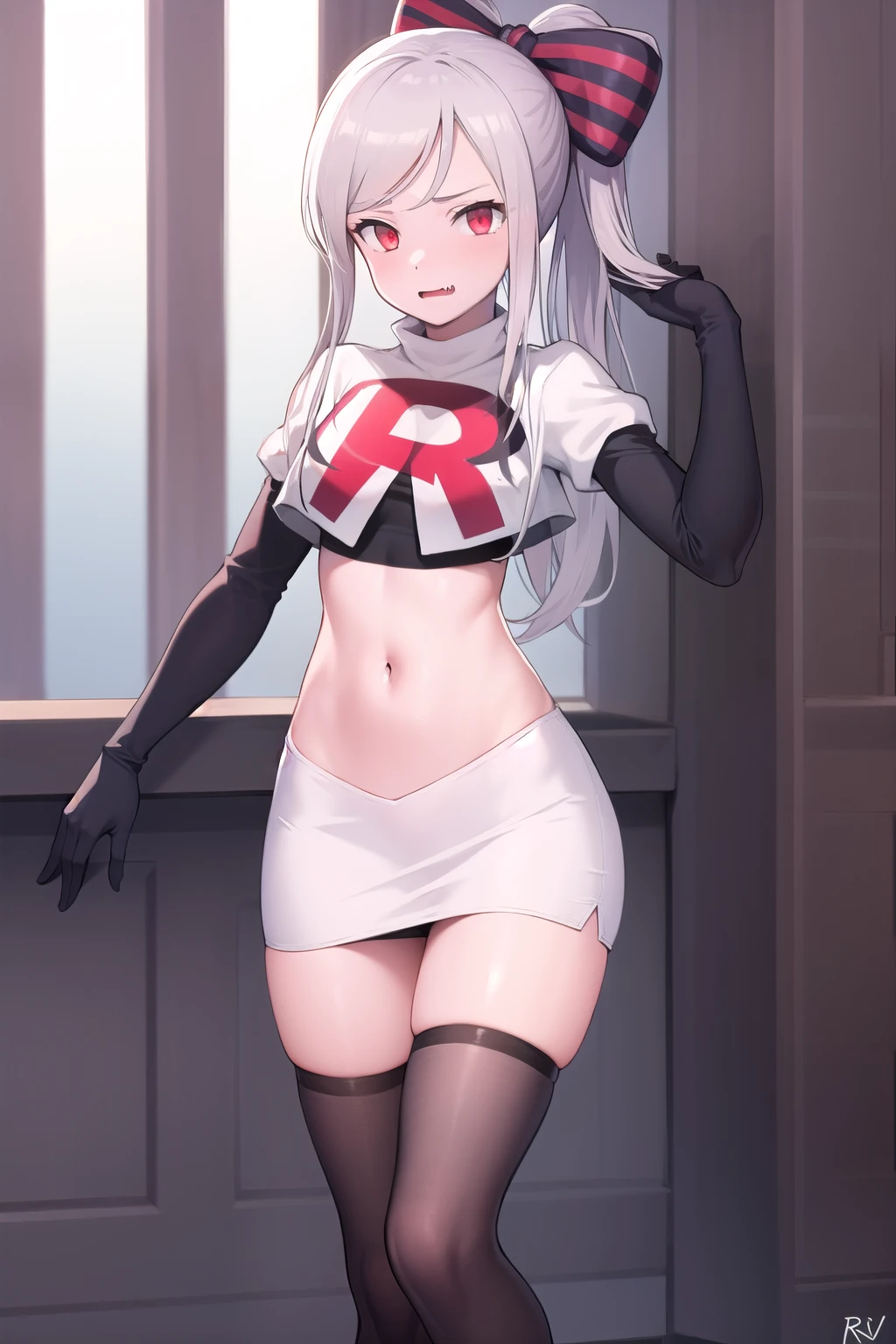 masterpiece, best quality, ShalltearV4, 1girl, solo, bow, hair bow, fang, pale skin, glowing, glowing eyes, team rocket,team rocket uniform,white skirt,red letter R,crop top,black thigh-highs,black elbow gloves