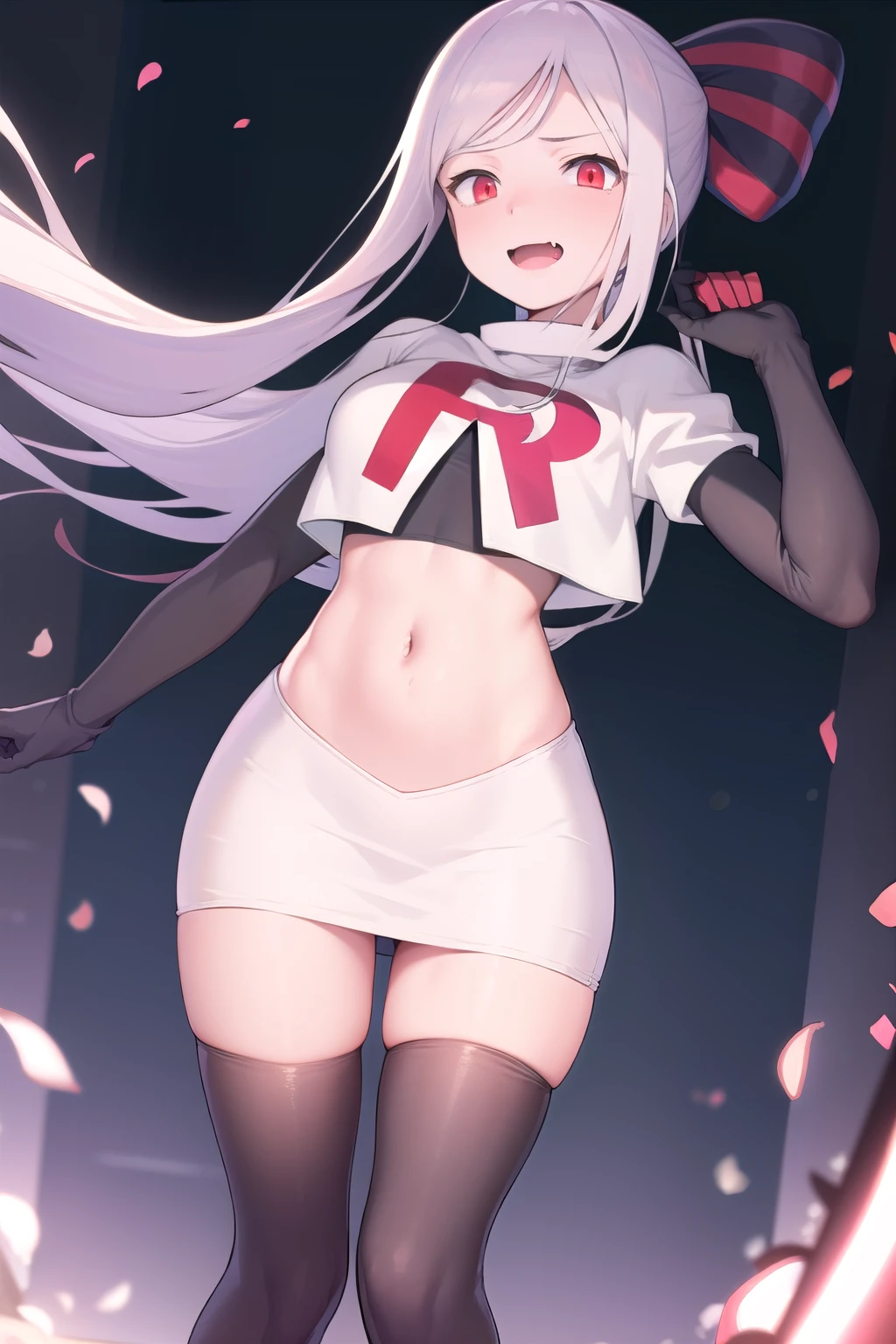 masterpiece, best quality, ShalltearV4, 1girl, solo, bow, hair bow, fang, pale skin, glowing, glowing eyes, team rocket,team rocket uniform,white skirt,red letter R,crop top,black thigh-highs,black elbow gloves