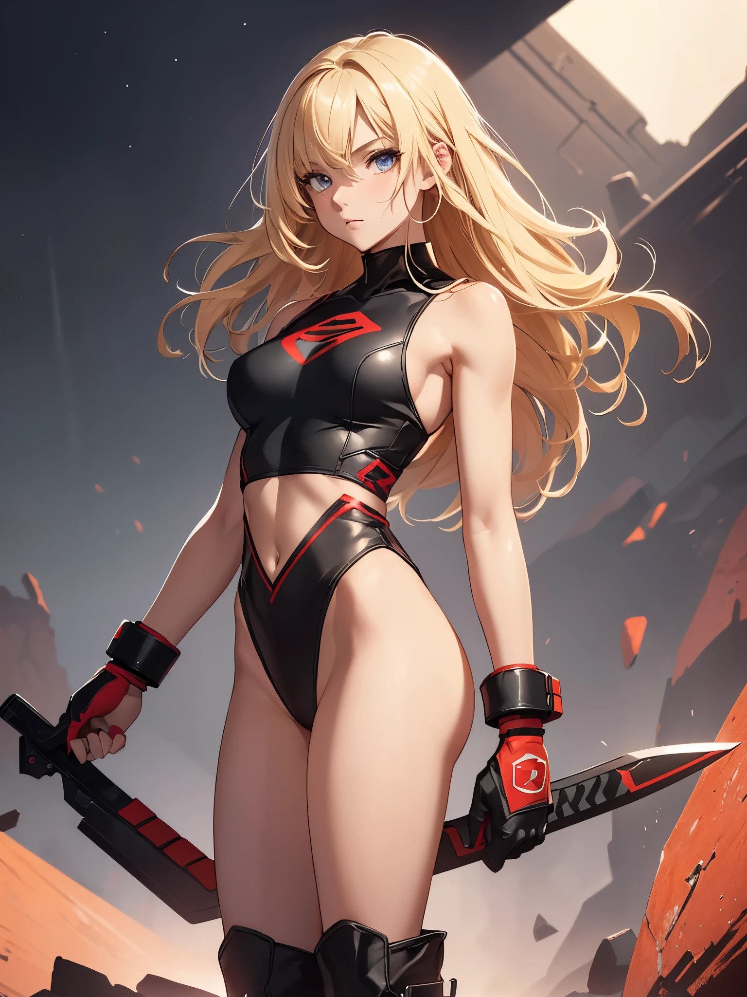 1girl, medium breasts, leotard, black leotard with red accents, sleeveless, midriff, bare legs, boots, matching boots, bracelets, mars backdrop, solo, single, standing, full body shot, cowboy shot, beautiful detailed eyes, blonde hair, medium hair, superhero, barbarian, using broad sword in hand