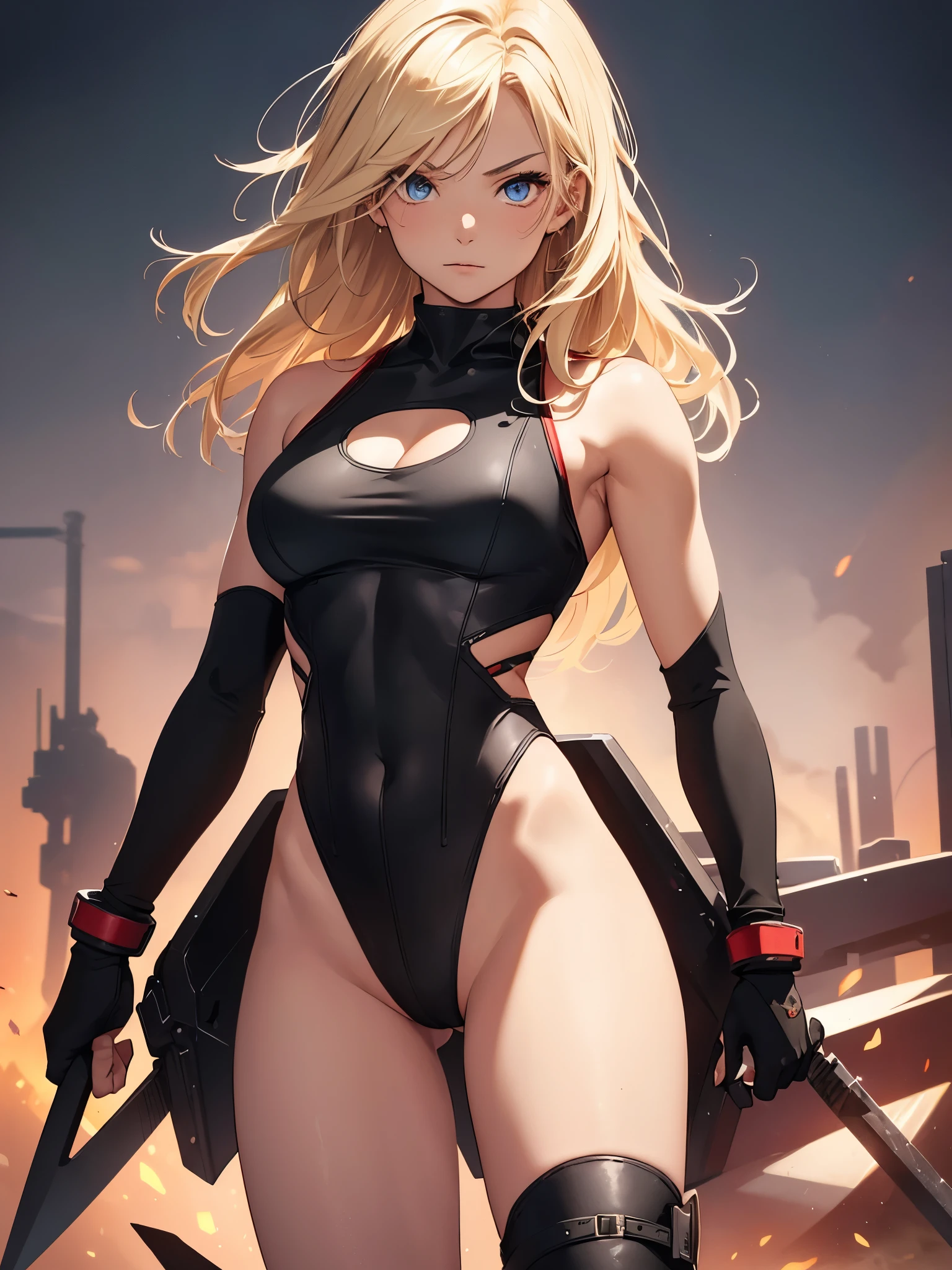 1girl, medium breasts, leotard, black leotard with red accents, sleeveless, midriff, bare legs, boots, matching boots, bracelets, mars backdrop, solo, single, standing, full body shot, cowboy shot, beautiful detailed eyes, blonde hair, medium hair, superhero, barbarian, using broad sword in hand