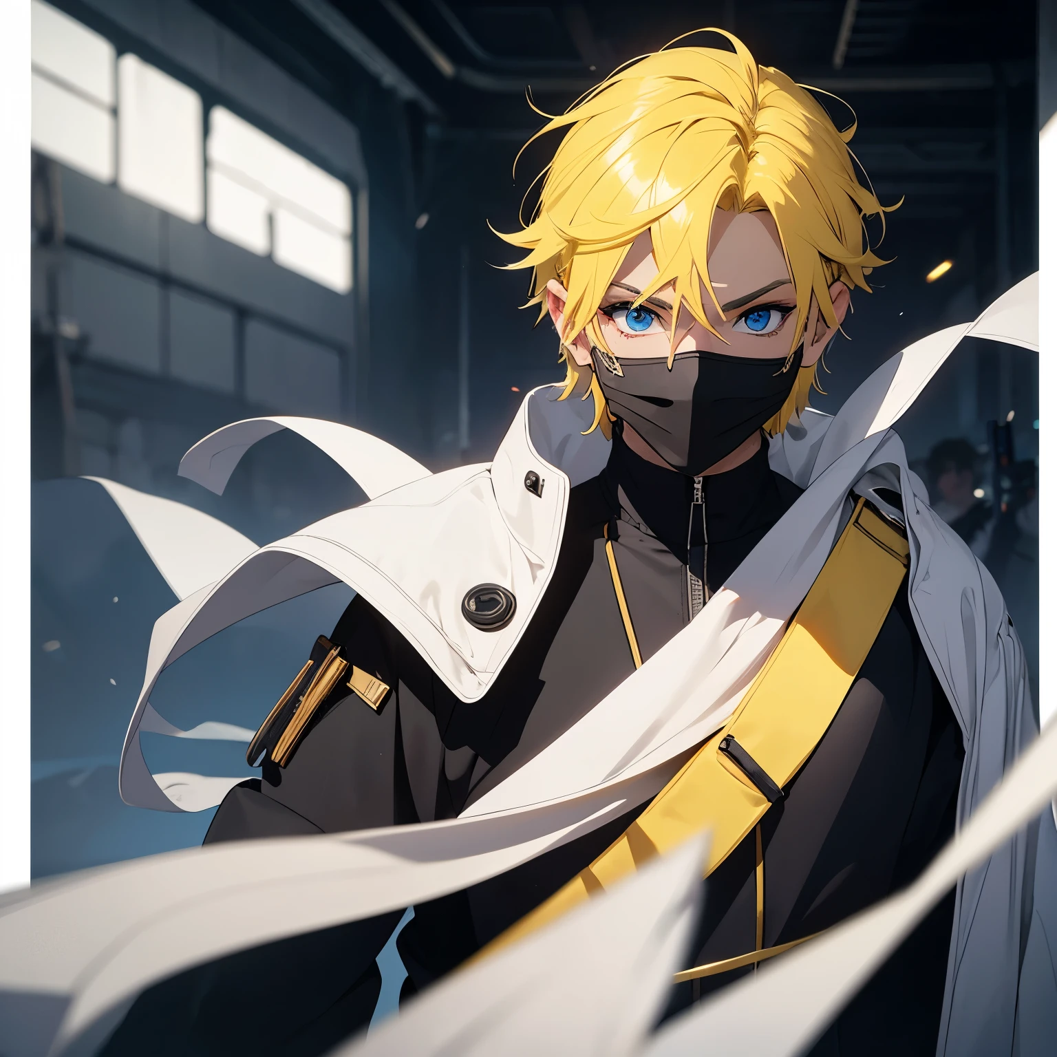 solo male, white robes, grey eyes, black pants, black gloves, ((full face mask)), yellow hair, ((blue Eyes)), mask face, fantasy