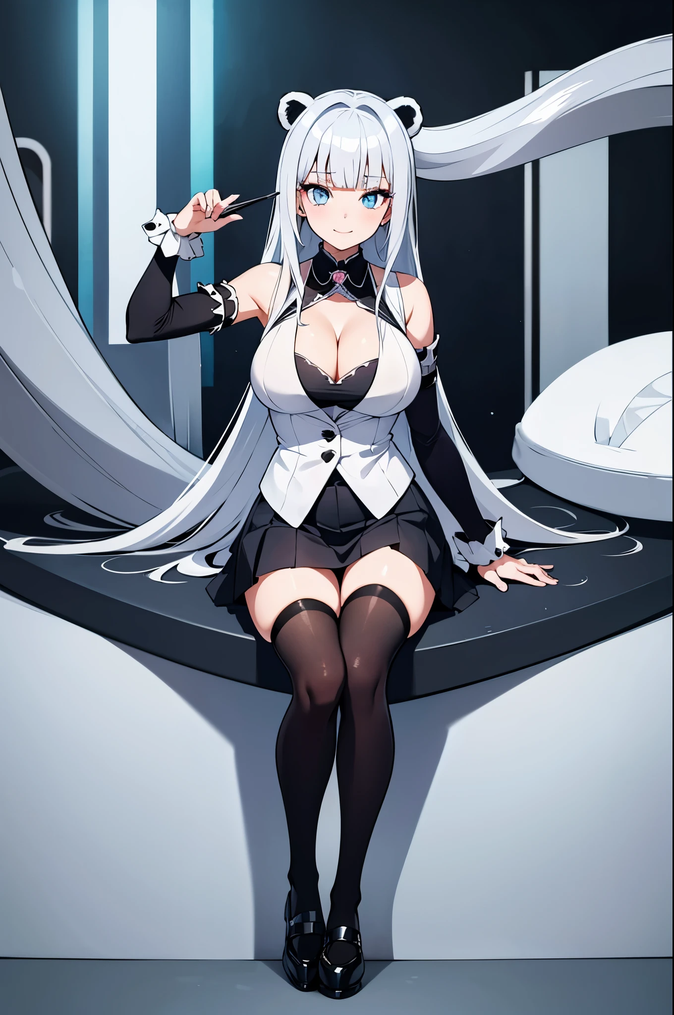 1 anime girl, silver white hair, panda ears, ((hair covering right eye)), (hair bangs over eye), ice blue eyes, (makeup and eyeliner), sweet smile, extreme curious look on face, large , (medium breasts), ((medium to large cleavage)), sleeveless princess vest, cute black pleated mini skirt, black school thigh highs, loafer shoes, hands on knees leaning towards camera.
[[High quality]]
[[Best fan art]]
[[Sexy anime]]
[[Hot anime fan art]].