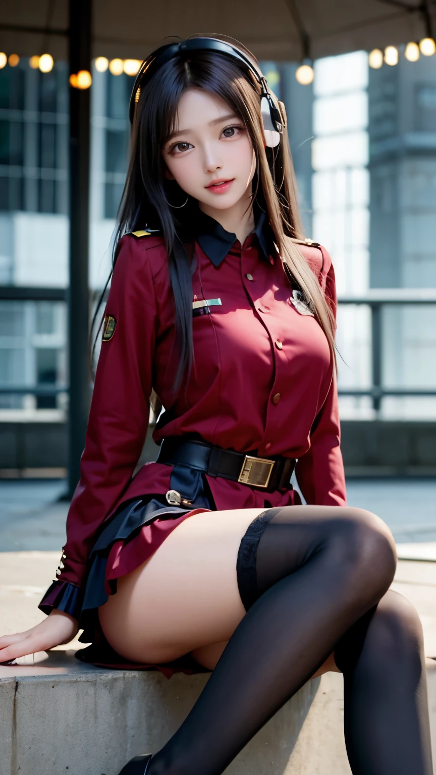 star、Supermodel、Perfect build、Muchimuchi、Three girls are looking at the viewer、girl、、Thighhighs、beautiful feet、、cyber punk、headphone、gentle smile、seen by girls、Innocent face、Military Uniform 