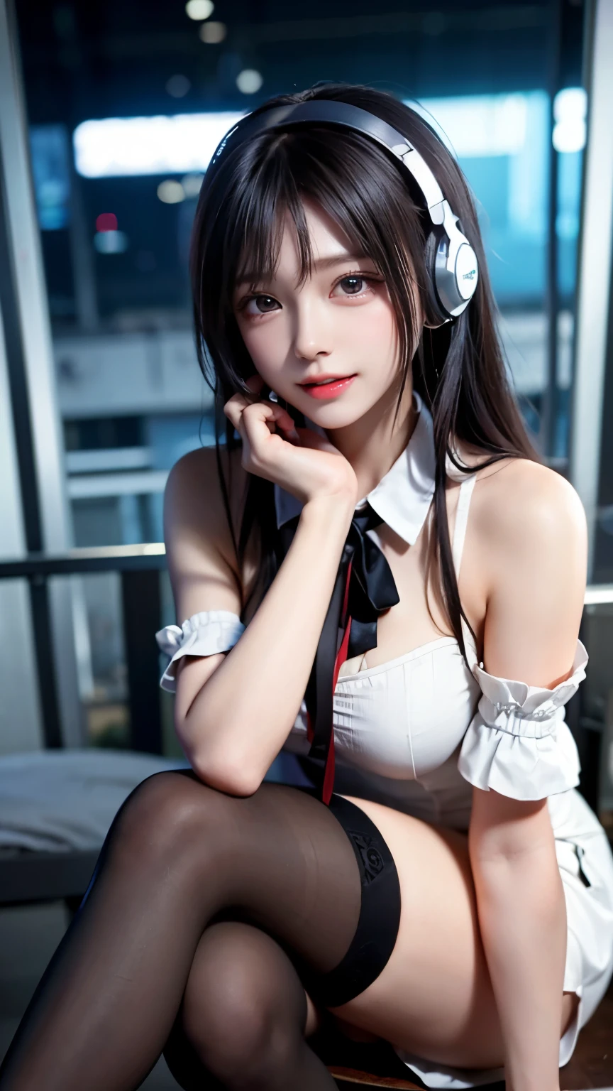 star、Supermodel、Perfect build、Muchimuchi、Three girls are looking at the viewer、girl、、Thighhighs、beautiful feet、、cyber punk、headphone、gentle smile、seen by girls、Innocent face、Military Uniform ta
