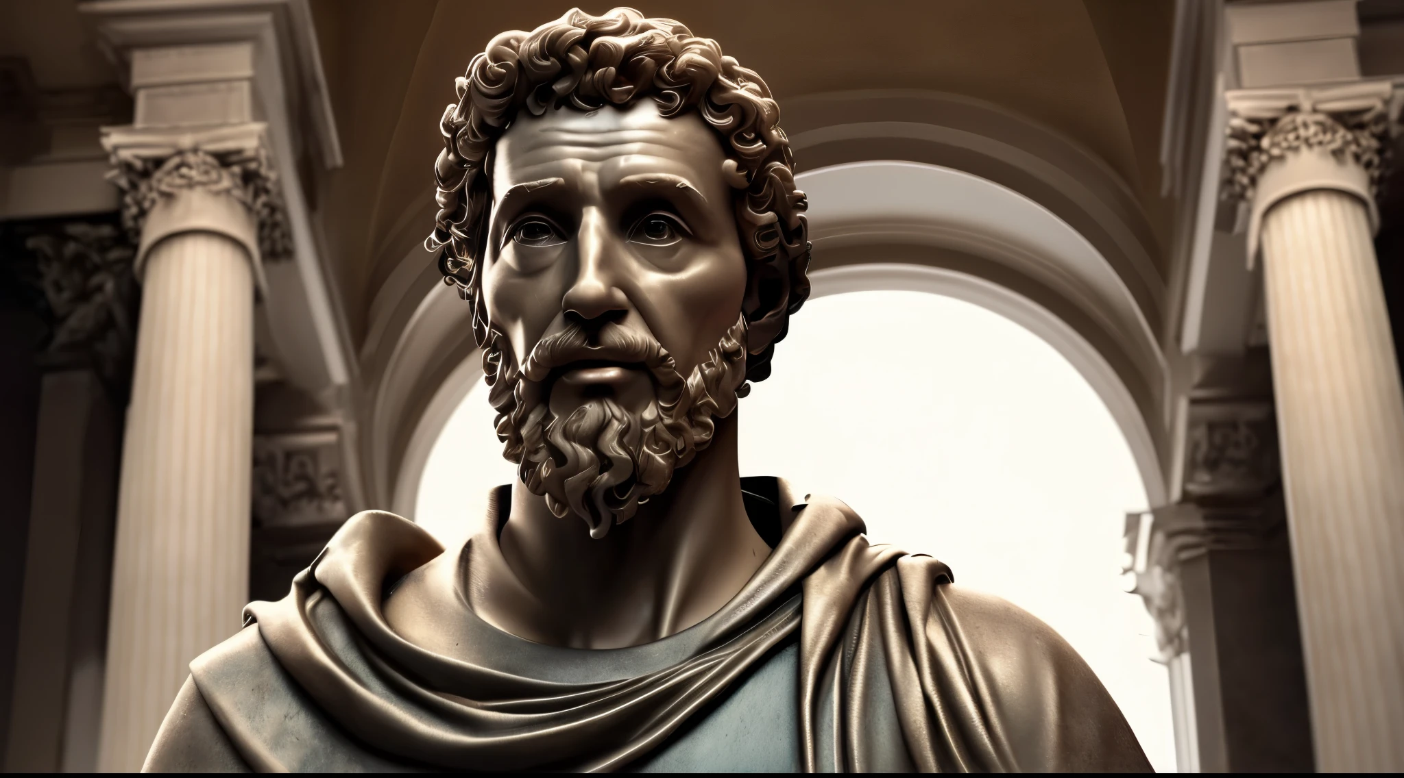 Marcus Aurelius, Close-up of a classical wise Greek philosopher, Statue in a temple, Postura estoica, deus grego, wisdom, cinematic feel, Preto e branco, ultra realistic, Ultra detalhado e artesanal em todos os aspectos, Escuro,  (8k, Foto RAW, melhor qualidade, master part: 1.2), (Realistic, fotorrealista: 1.37)
