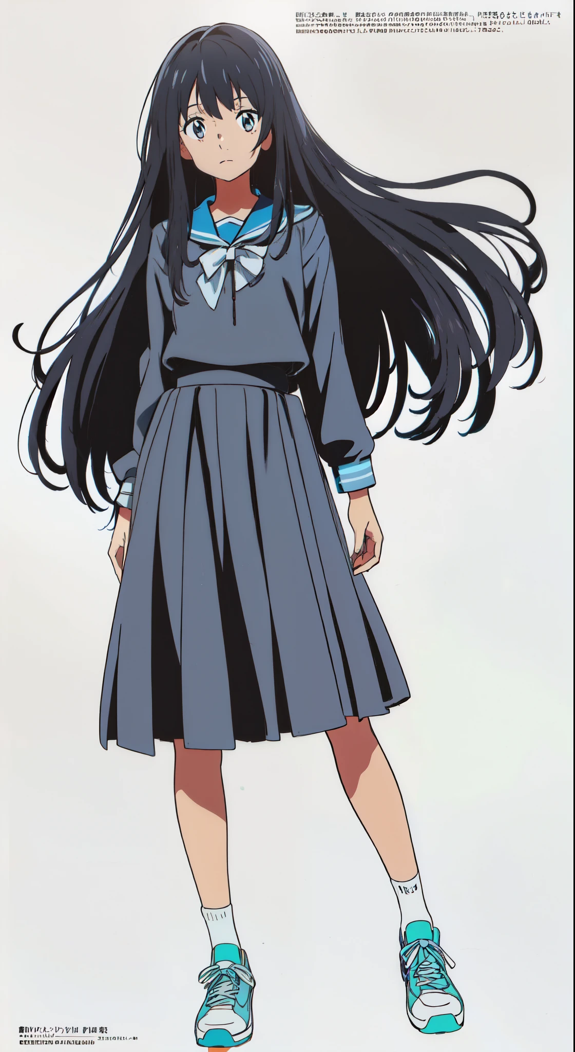 (best quality:1.0), (a cute girl:1.0), (white background:1.0), (best quality:1.0), (masterpiece:1.0), (super fine illustration:1.0), (beautiful artwork:1.0), (anime screencap:1.0), (official art:1.0), (full body:1.0), (solo:1.0), (a 15yoe girl:1.0), (long skirt:1.0), (dark blue skirt:1.0), (pleated skirt:1.0), (dark blue sailor uniform:1.0), (long sleeve sailor uniform:1.0), (sneakers:1.0), (white socks:1.0), (ideal ratio body proportions:1.0), (lanky:1.0), (tall:1.0), (slender:1.0), (small breasts:1.0), (smaller face:1.0), (tareme:1.0), (detailed beautiful eyes:1.0), (detailed beautiful face:1.0), (glowing black eyes:1.0), (medium hair:1.0), (black hair:1.0), (standing:1.0), (looking at viewer:1.0)