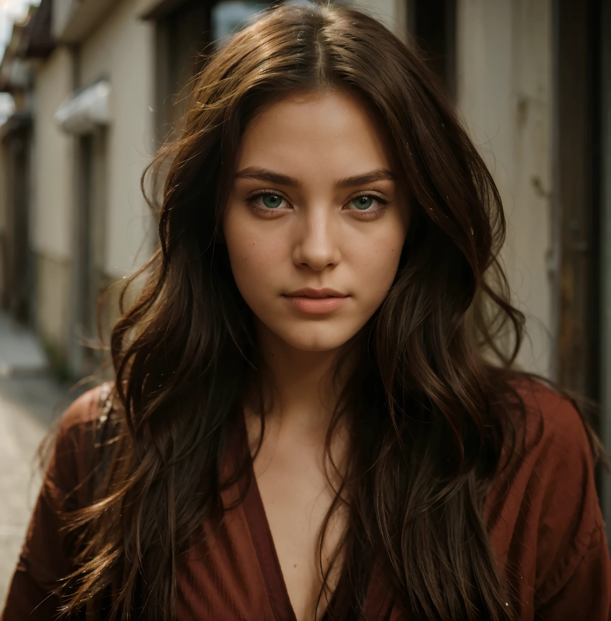 Young green-eyed girl against the background of houses