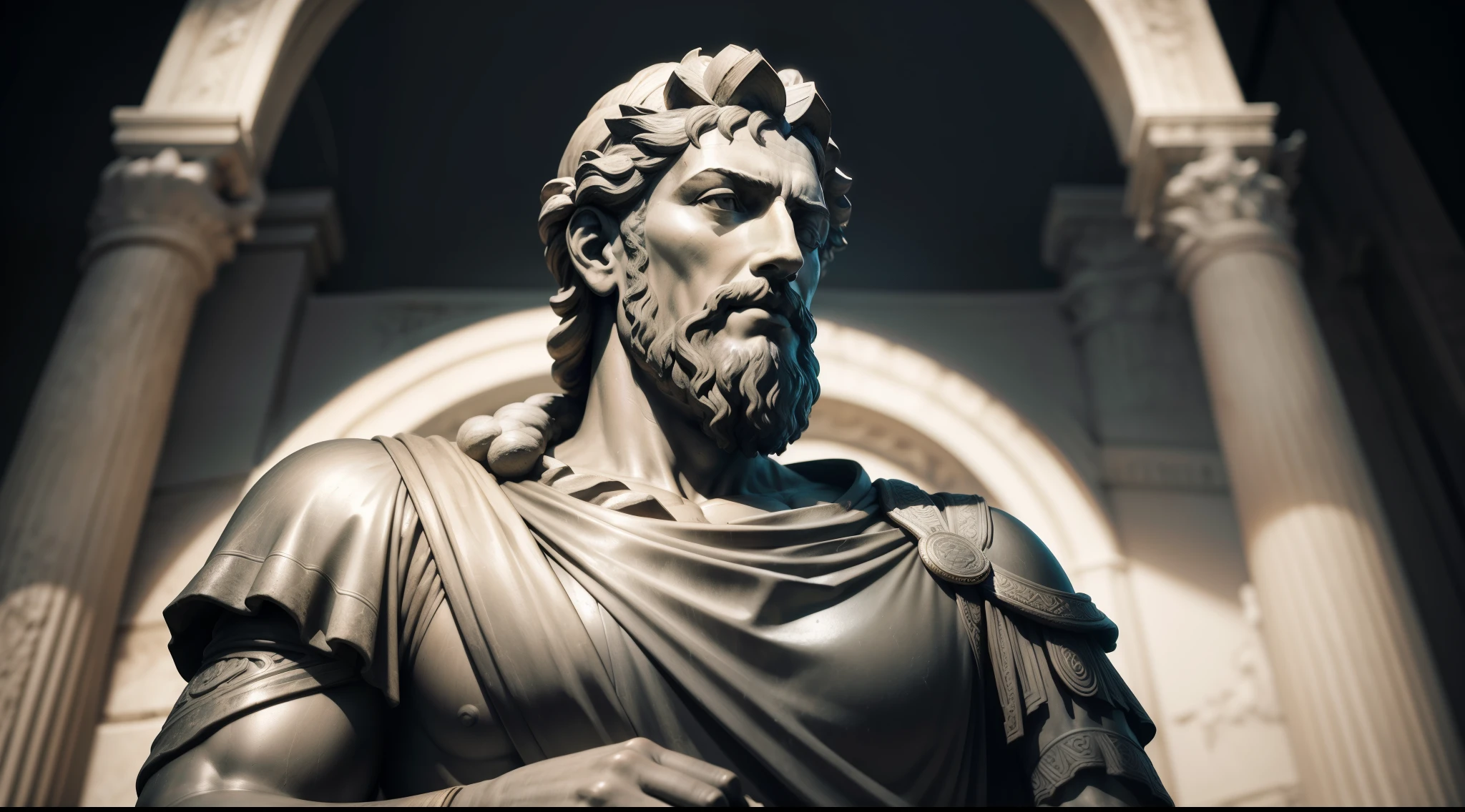 Realistic statue with all black background of ancient philosopher MARCUS AURELIUS GRATITUDE, obra-prima, melhor qualidade, Textura 8K, altamente detalhados, realista, soft  Cinematic Light, HDR, sharp focus, obra-prima, fotorrealista, fotografia premiada, Canon EOS R5, 35 mm.