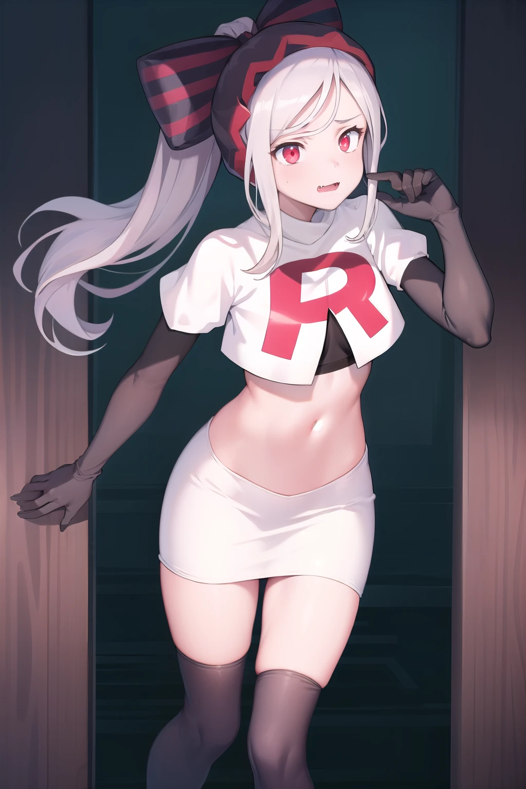 masterpiece, best quality, ShalltearV4, 1girl, solo, bow, hair bow, fang, pale skin, glowing, glowing eyes, team rocket,team rocket uniform,white skirt,red letter R,crop top,black thigh-highs,black elbow gloves