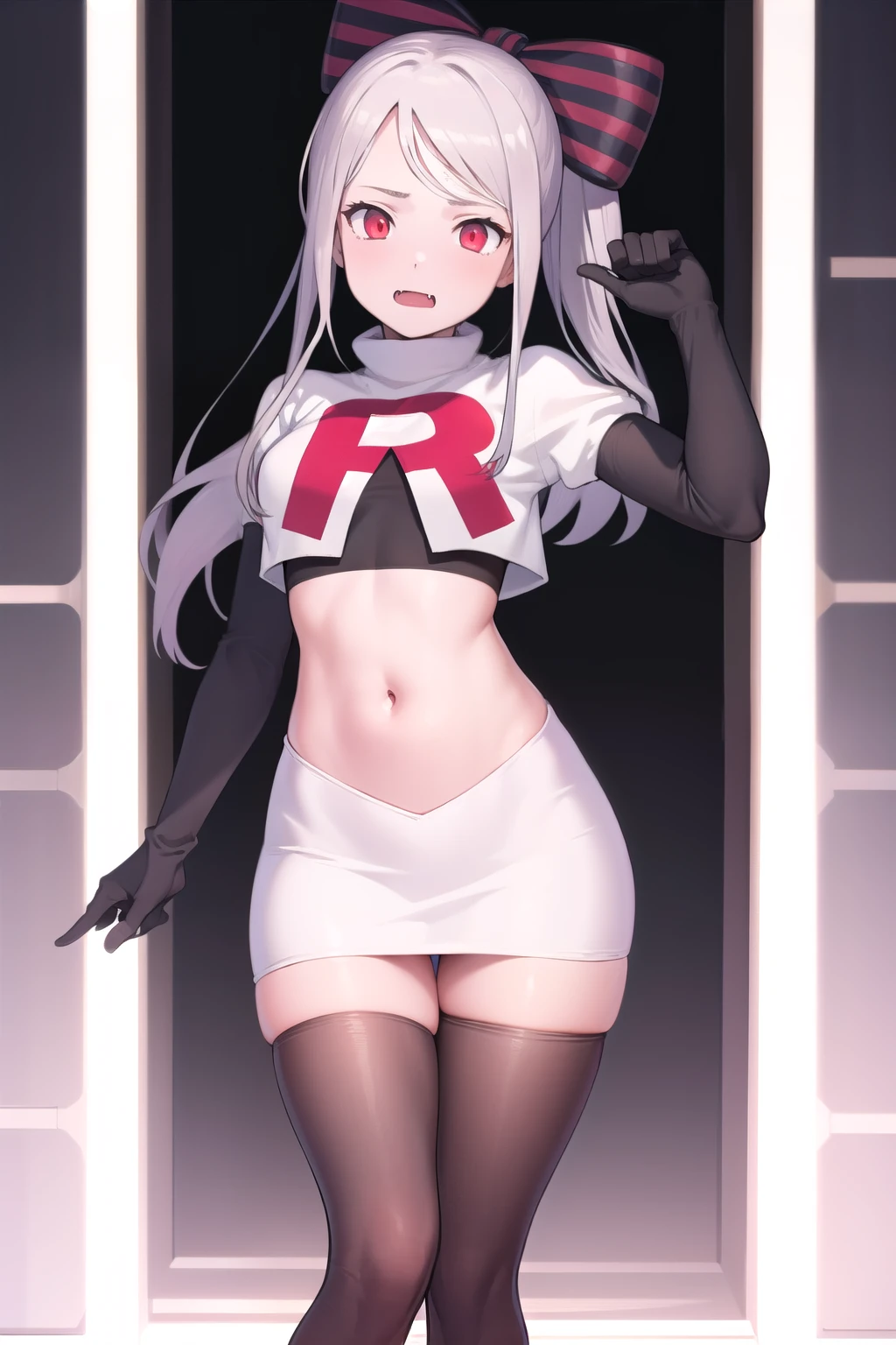 masterpiece, best quality, ShalltearV4, 1girl, solo, bow, hair bow, fang, pale skin, glowing, glowing eyes, team rocket,team rocket uniform,white skirt,red letter R,crop top,black thigh-highs,black elbow gloves