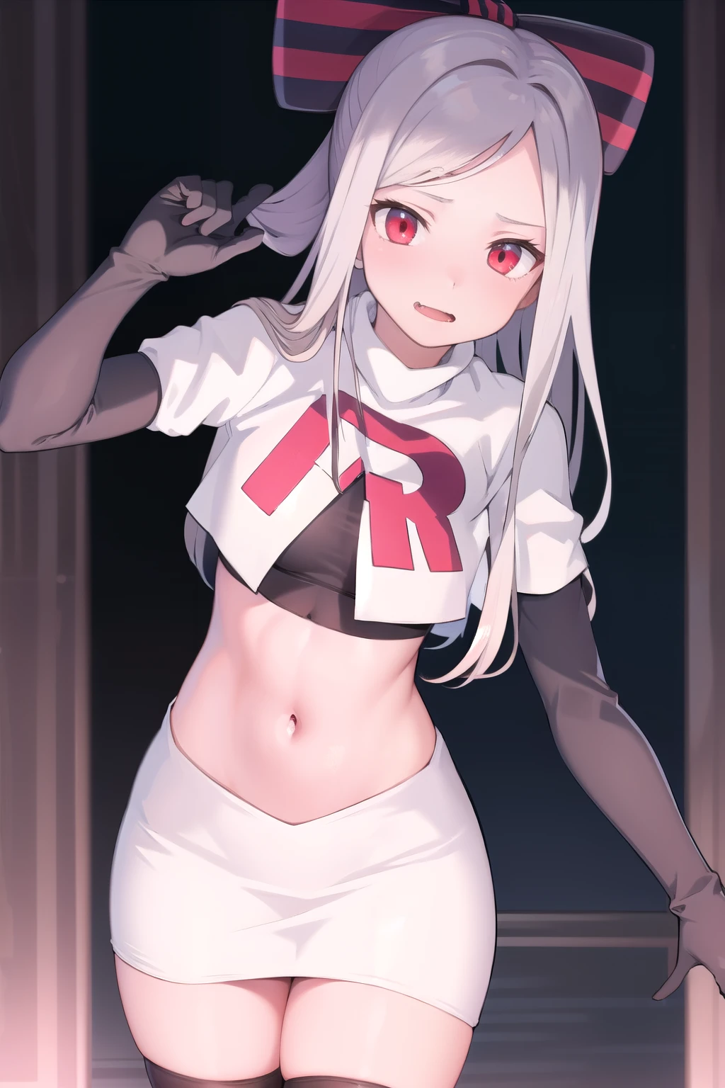 masterpiece, best quality, ShalltearV4, 1girl, solo, bow, hair bow, fang, pale skin, glowing, glowing eyes, team rocket,team rocket uniform,white skirt,red letter R,crop top,black thigh-highs,black elbow gloves
