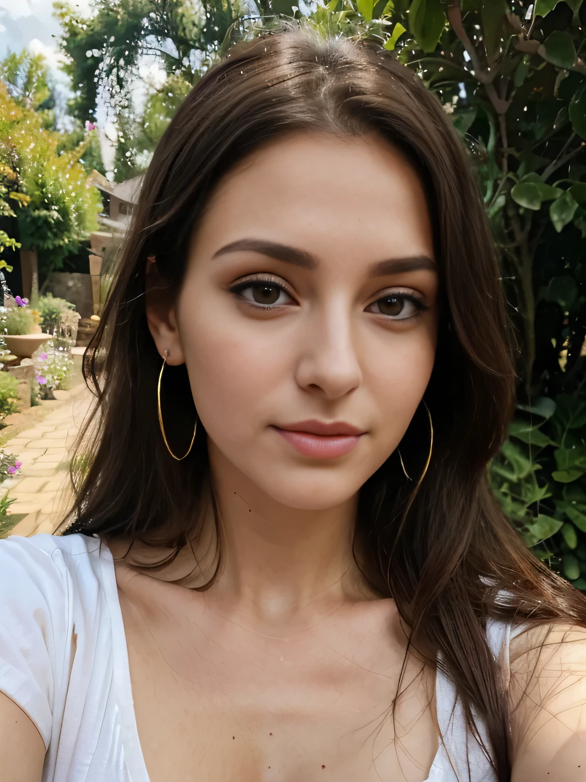 Photo of a 30 year old brunette woman, that has a very natural face, thin lips, thin eyes, thin eyebrows, thin nose, earrings, long eyelashes. She makes a cute selfie in a garden