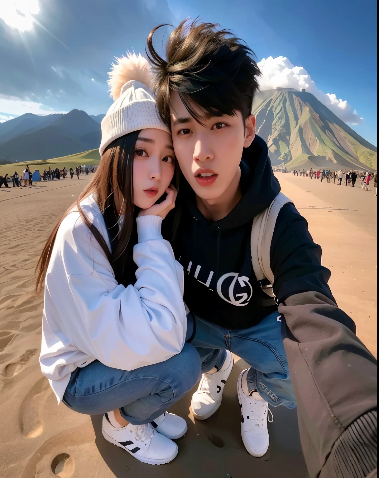 arafed image of a couple taking a selfie in front of a volcano, couple pose, lovely couple, 8k selfie photograph, couple, in love selfie, zmonzheng, selfie photography, ruan jia and fenghua zhong, profile pic, selfie shot straight on angle, cai xukun, yanjun chengt