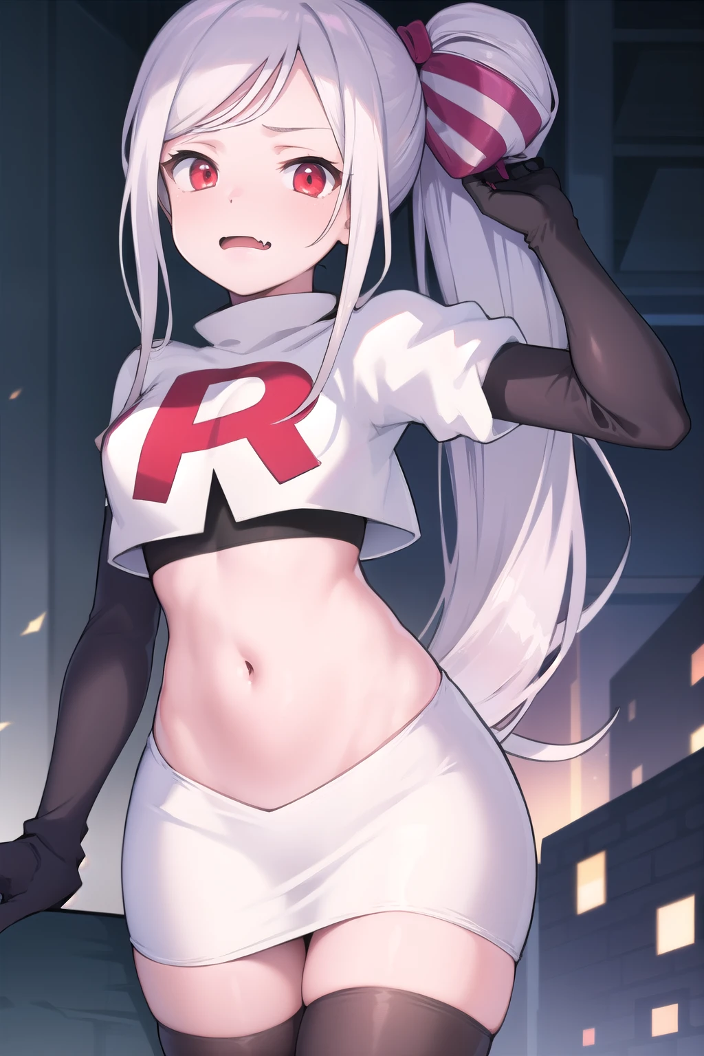 masterpiece, best quality, ShalltearV4, 1girl, solo, bow, hair bow, fang, pale skin, glowing, glowing eyes, team rocket,team rocket uniform,white skirt,red letter R,crop top,black thigh-highs,black elbow gloves