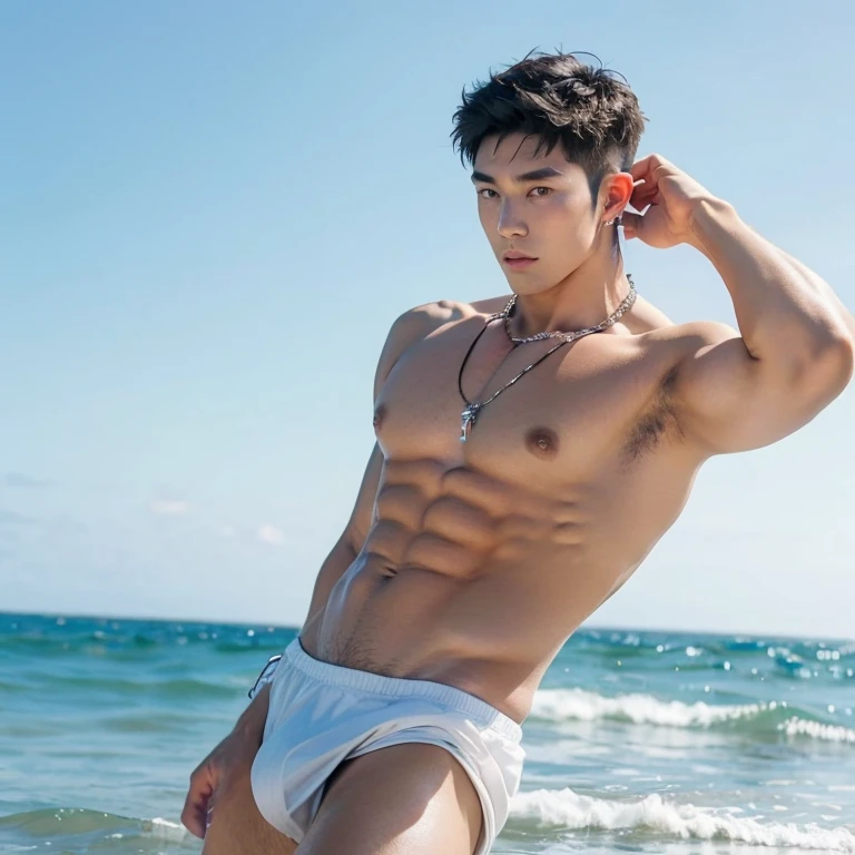 Japanese male male model, big muscles, handsome, pierced ears, necklace, wearing g-string, portrait photography, photoshoot, dynamic pose, summer, sea, sunny , full length shot