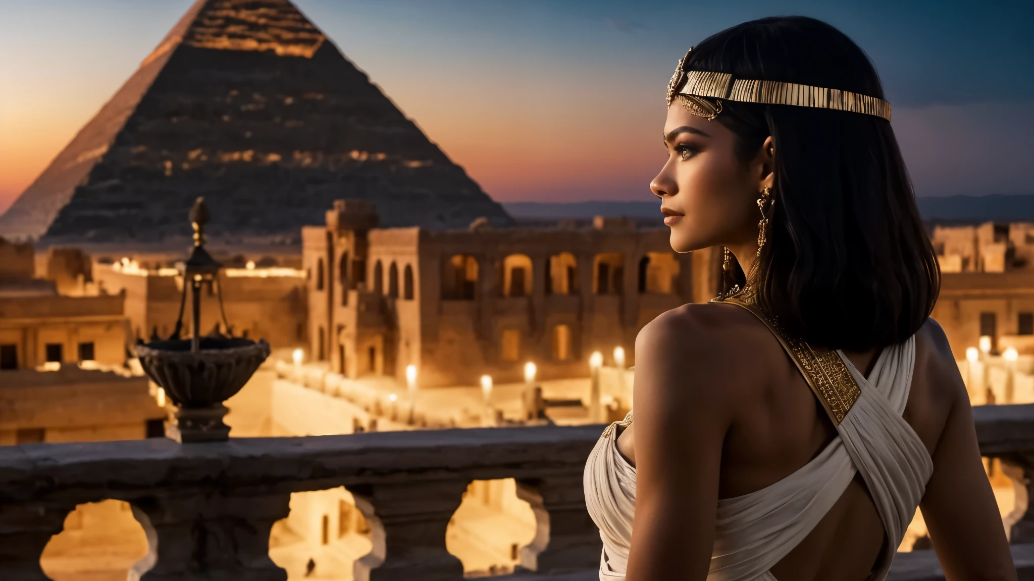 zendaya portrayed as Cleopatra,wearing a light white dress, on the balcony of his palace looking at the desert with pyramids on the horizon, night time,phothotorealistic scene, dramatic, cinematic, 4k resolution, hyperdetailed, dramatic scene, back view