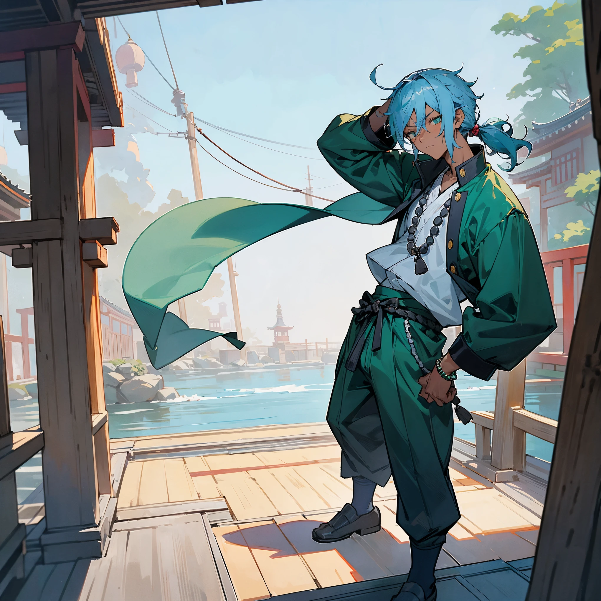 1male, young teen, dark skin, short wavy low ponytail, pale blue colored hair, finely detailed green eyes, peasant clothes, loose gakuran uniform with sleeves rolled up, baggy pants, prayer beads, serious expression, fisherman village, lanterns, standing in front of shrine gate