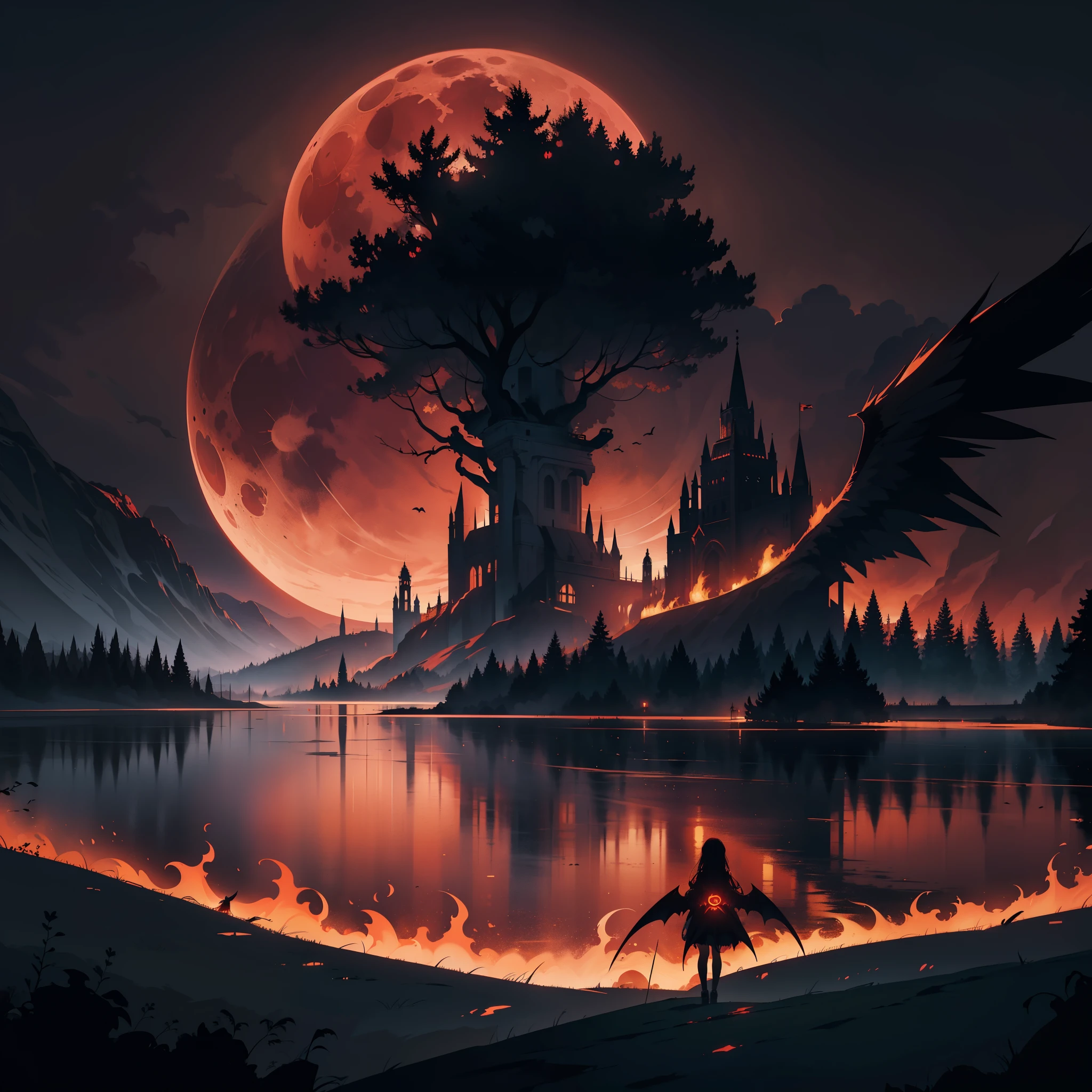 illustration, dark theme, (red moon:1. 2), (night, fog, dystopia, lake, burning hell, despair), long hair, huge wings, robe, legwear, boot, (from away:1. 05), far, wide shot, 16k, UHD, HDR, (Masterpiece:1. 5), (best quality:1. 5),