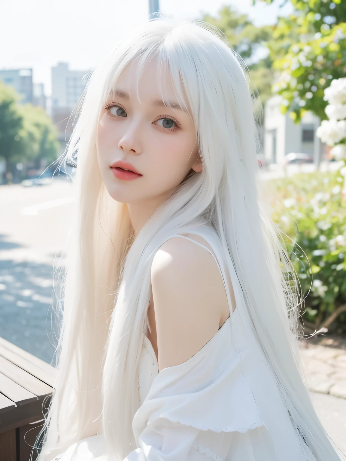 a woman with long white hair, with long white hair, white beautiful hair, perfect white haired girl, flowing white hair, long white hair and bangs, white hime cut hairstyle, white haired, white haired deity, beautiful long white hair, long white hair, long flowing white hair,crouched looking up to you,embarrassed face,street wear,higher point of view.