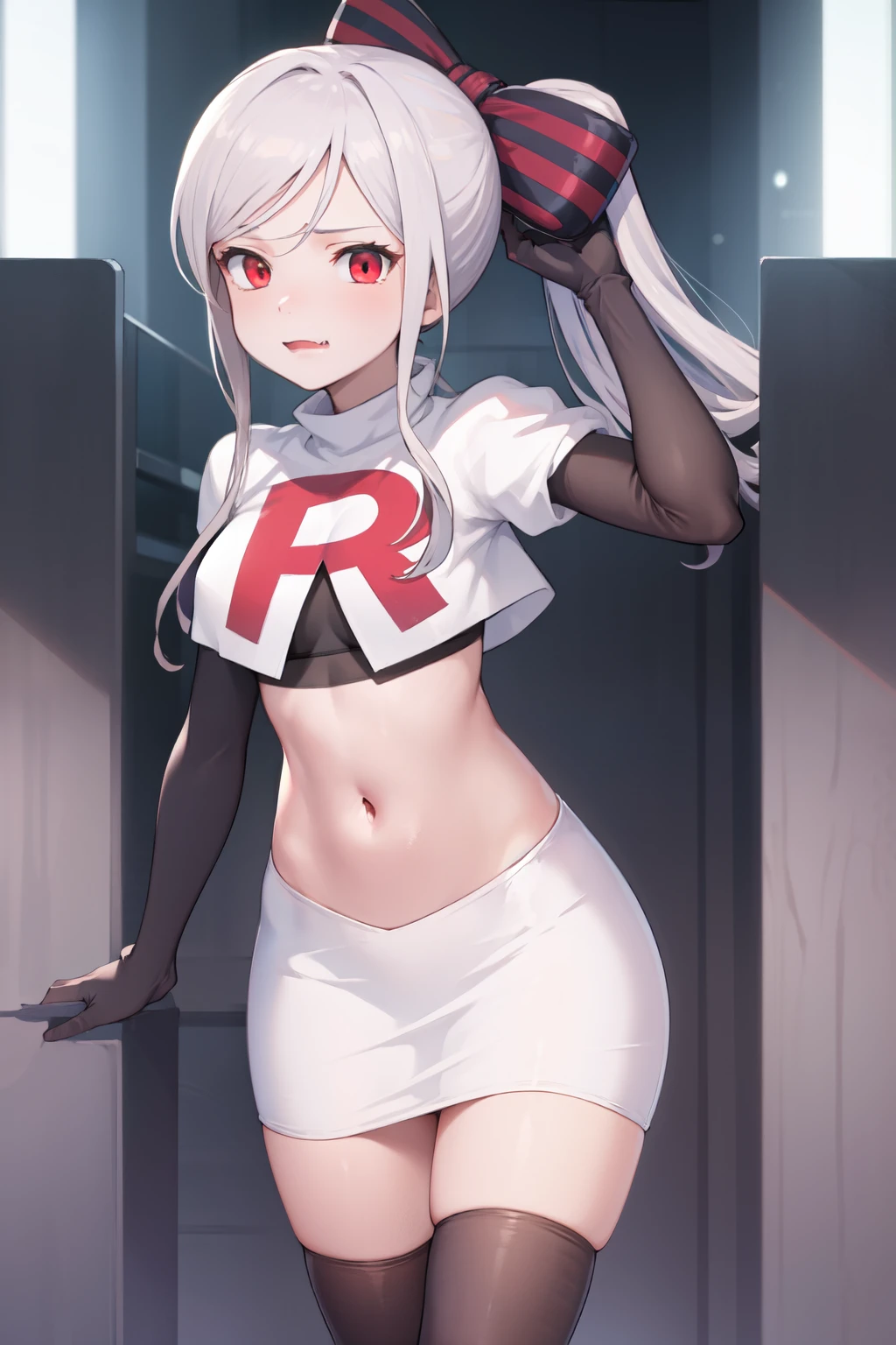 masterpiece, best quality, ShalltearV4, 1girl, solo, bow, hair bow, fang, pale skin, glowing, glowing eyes, team rocket,team rocket uniform,white skirt,red letter R,crop top,black thigh-highs,black elbow gloves