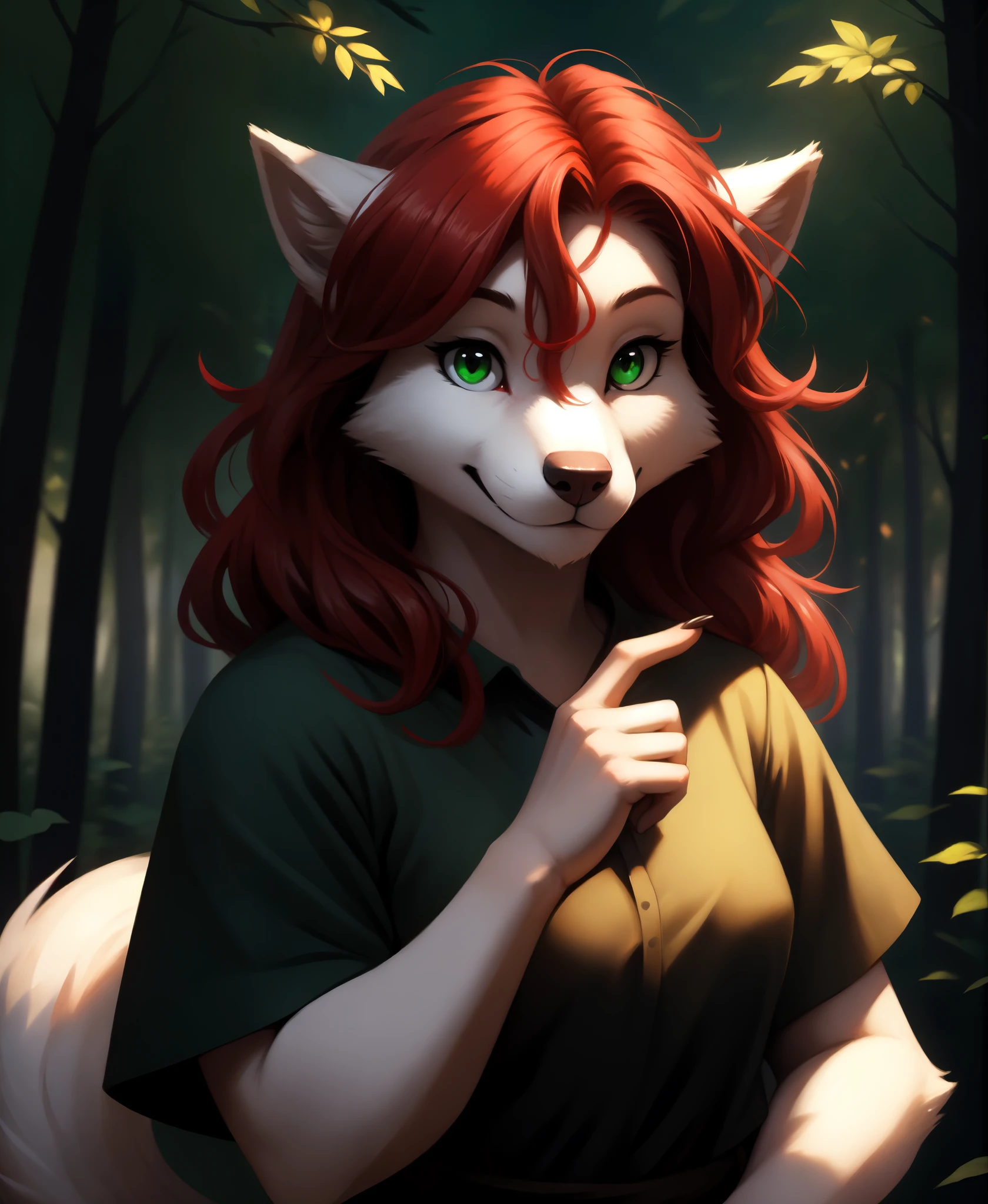 by kenket, by totesfleisch8, (by thebigslick, by silverfox5213:0.8), (by syuro:0.2),, rose-twokinds, twokinds, (best quality, masterpiece:1), solo, furry female anthro, green eyes, long hair, Red hair, portrait, finger claws, looking at viewer, wolf tail, (outdoors dark forest trees blurry blurred background:1.1), green clothes